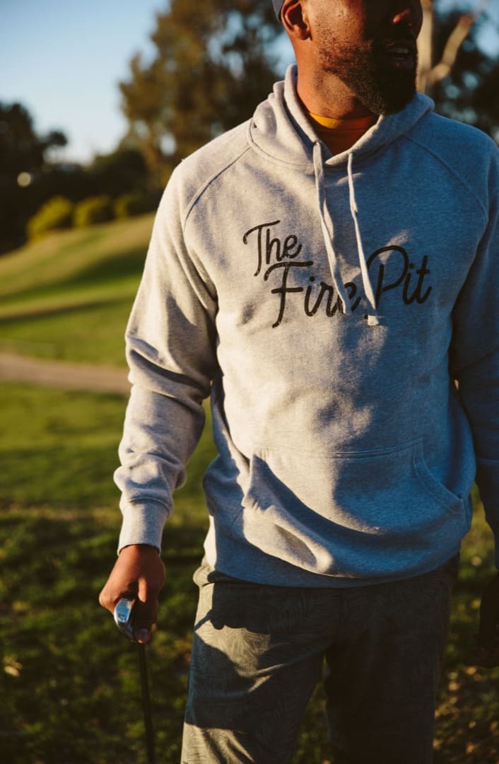 Fire Pit Collective gray hoodie lifestyle shot