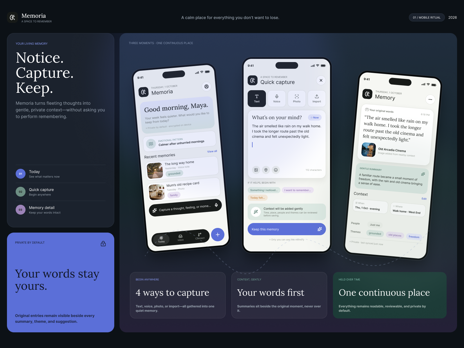 Memoria mobile and web application concept showing three memory capture screens