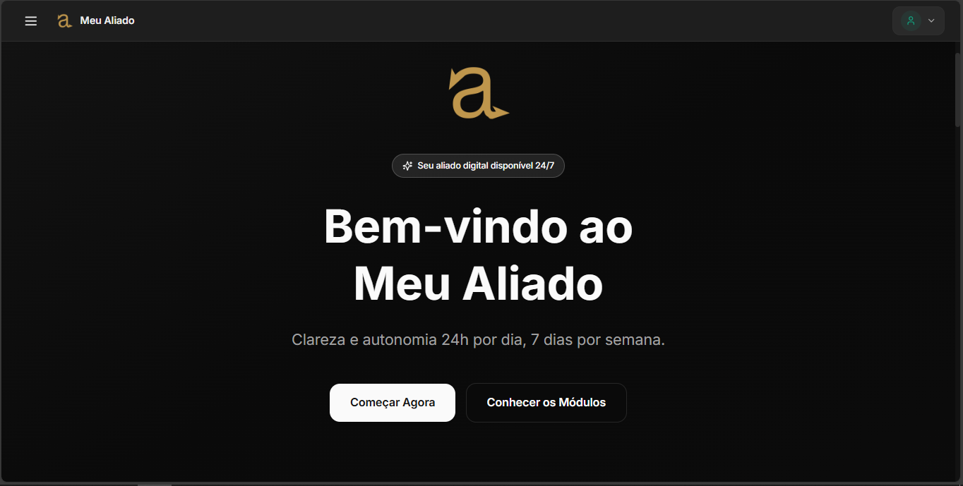 Meu Aliado - Homepage com dark mode, logo dourado e CTAs de acesso