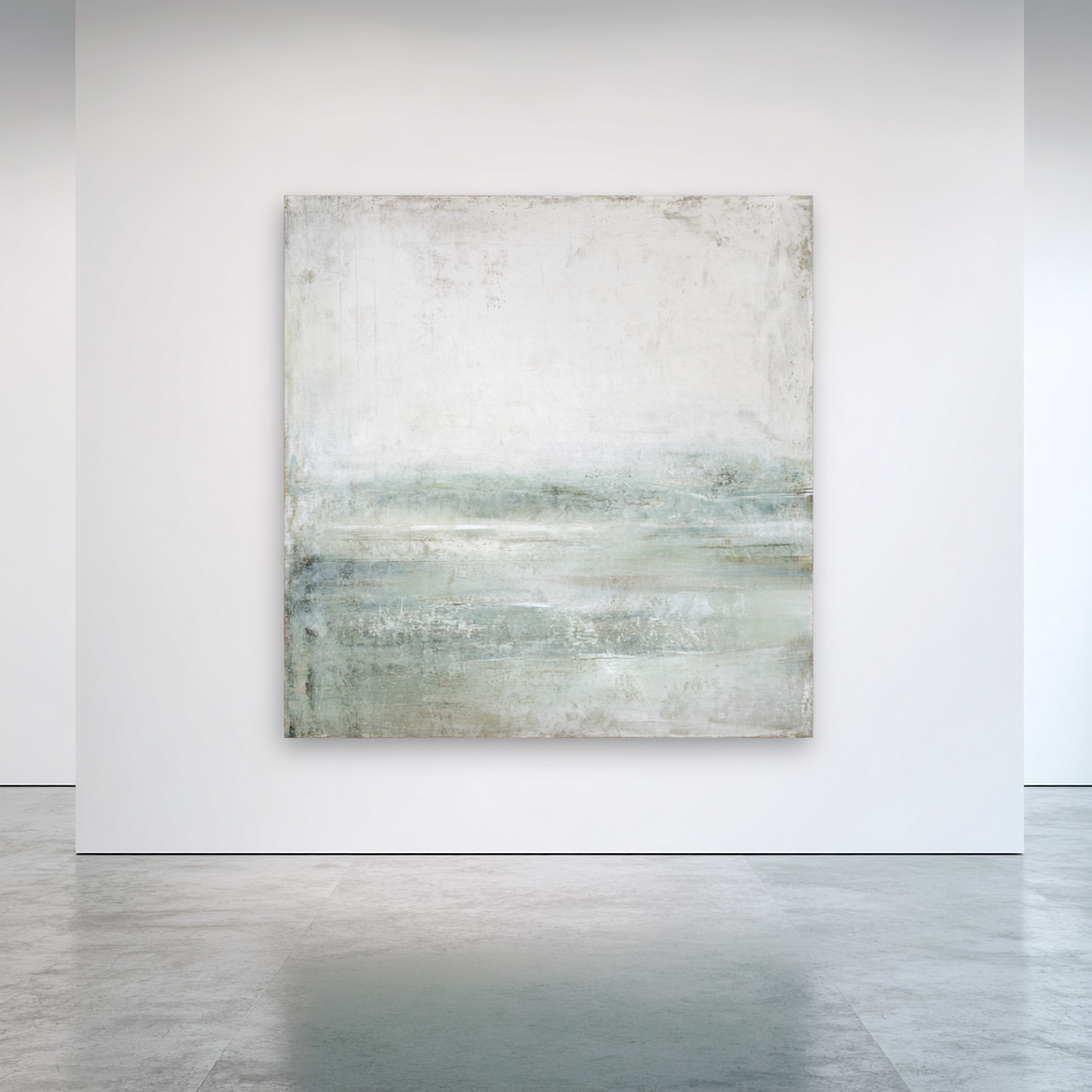 Ethereal minimalist square with pale sage green and grey tones