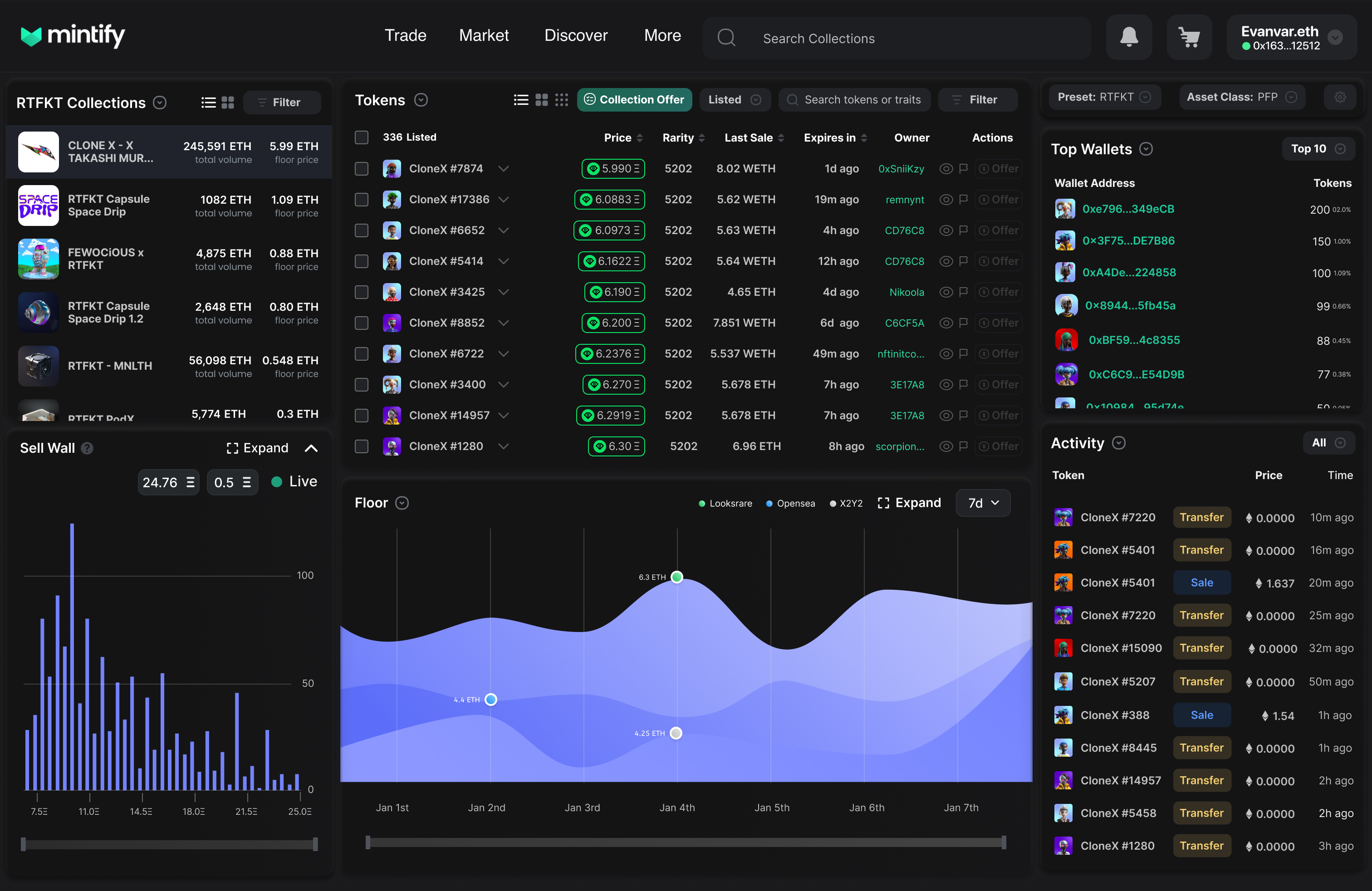 Mintify ProDash RTFKT preset with collection sidebar