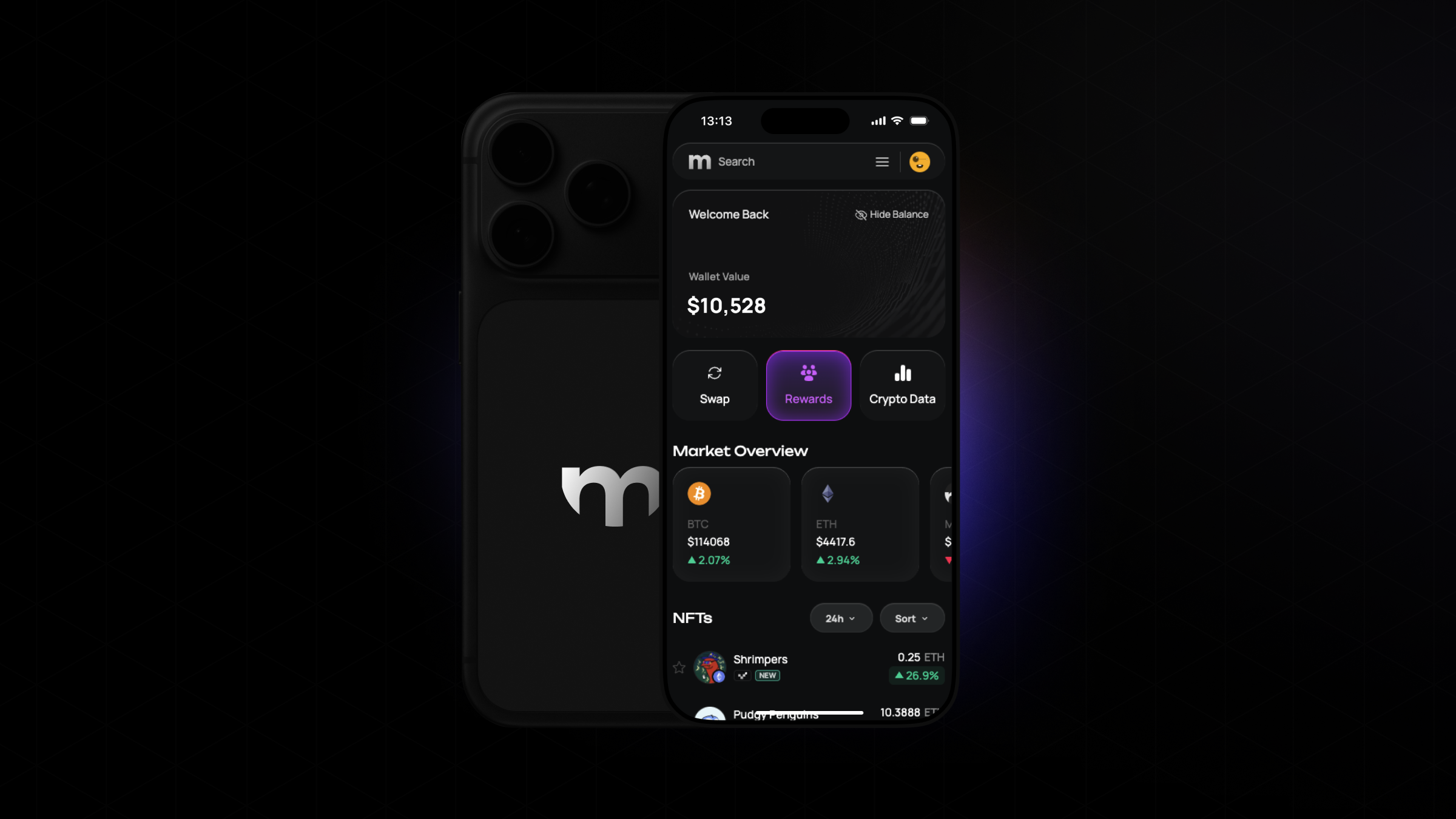 Mintify mobile app on iPhone showing wallet overview and market data