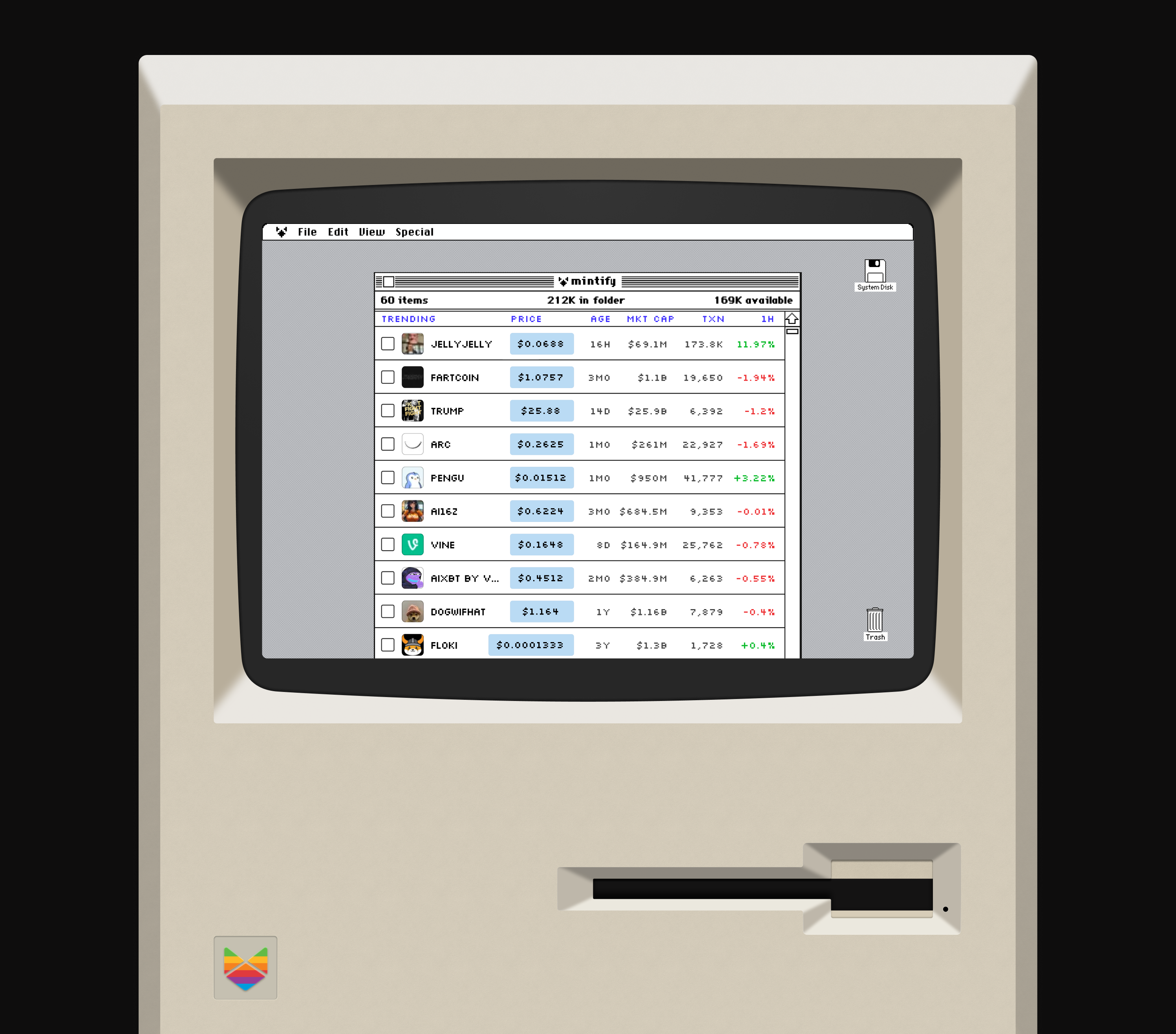 Retro Macintosh interface showing memecoin trading