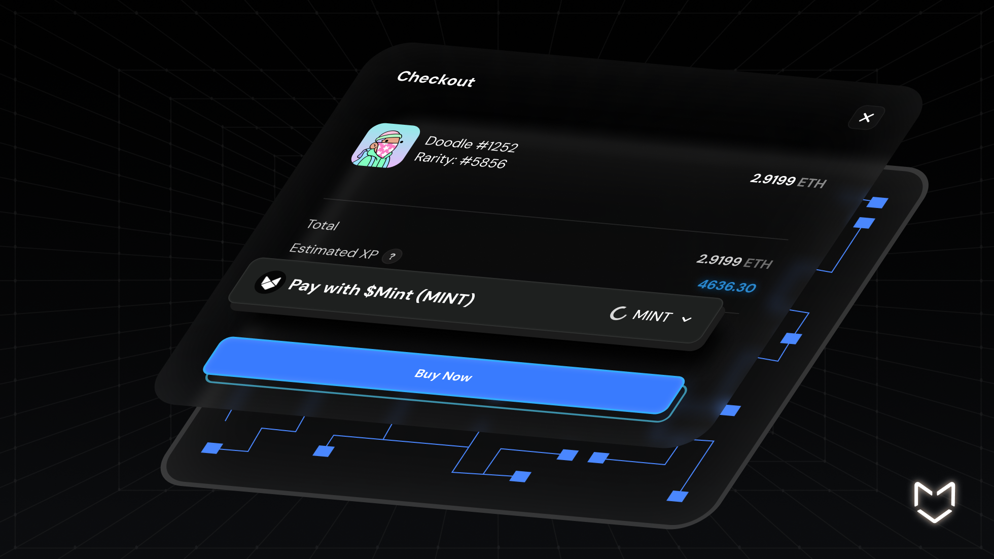Checkout modal with blockchain circuit visualization