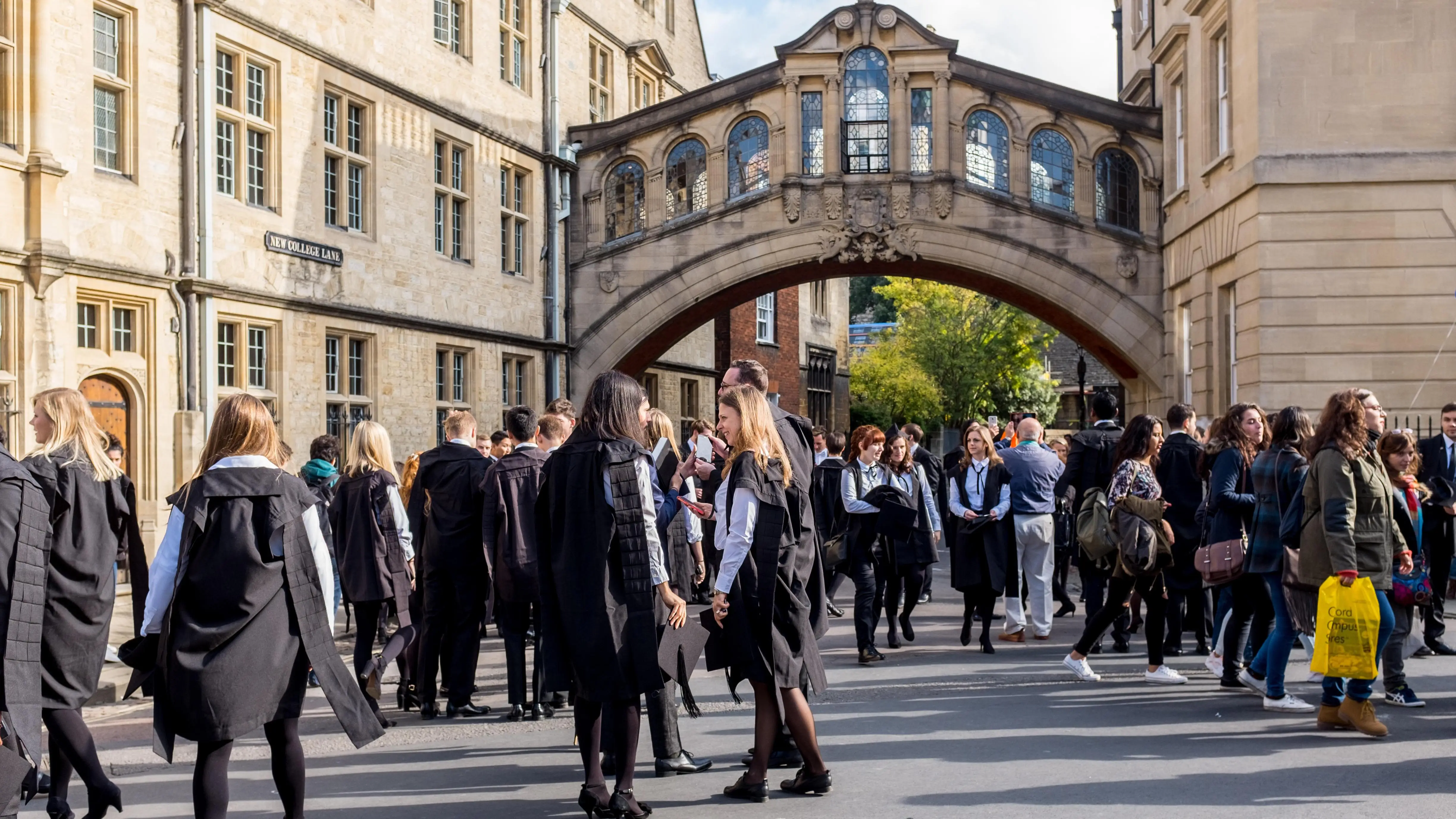 Students walking through an iconic university courtyard at Oxford