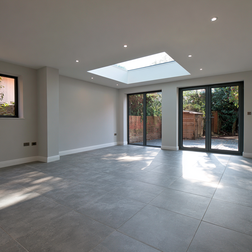 Modern extension with skylight and grey tiled floor in Rickmansworth
