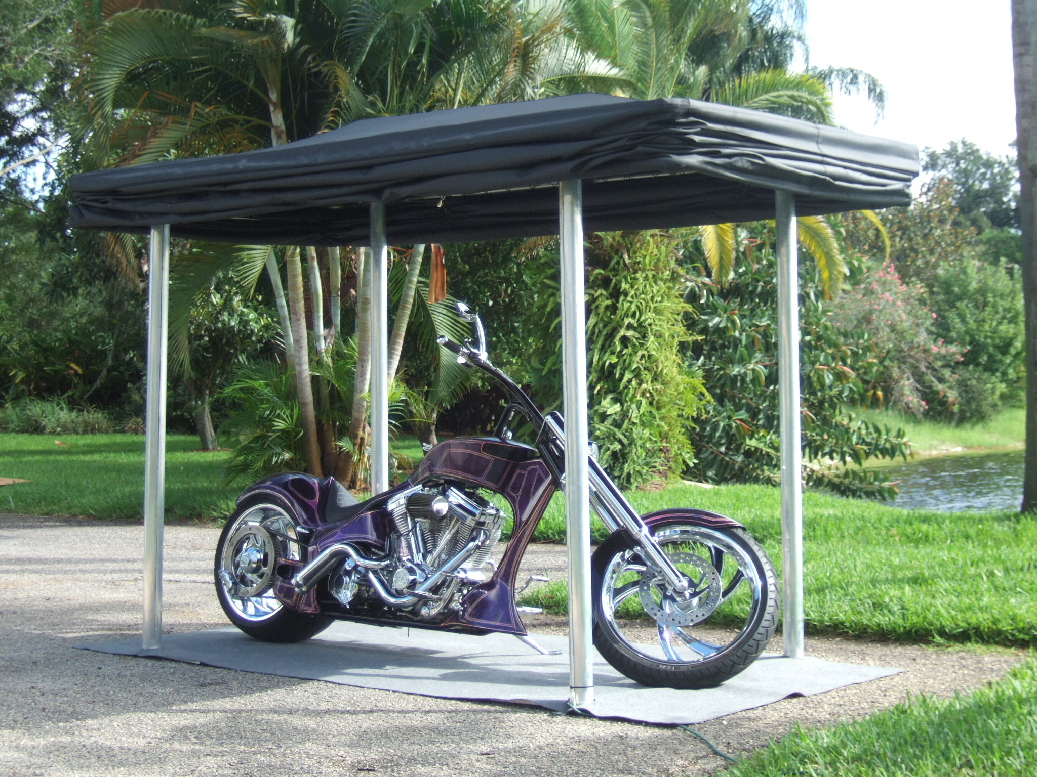 Black Touchless Cover canopy over a custom purple chopper motorcycle in a Florida backyard