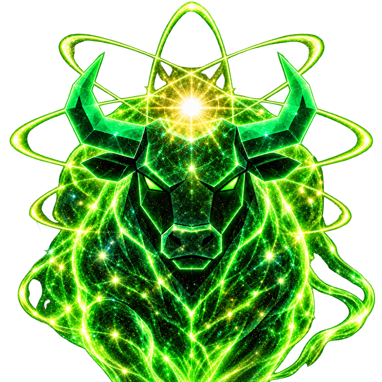 Faceted emerald bull surrounded by luminous quantum energy rings