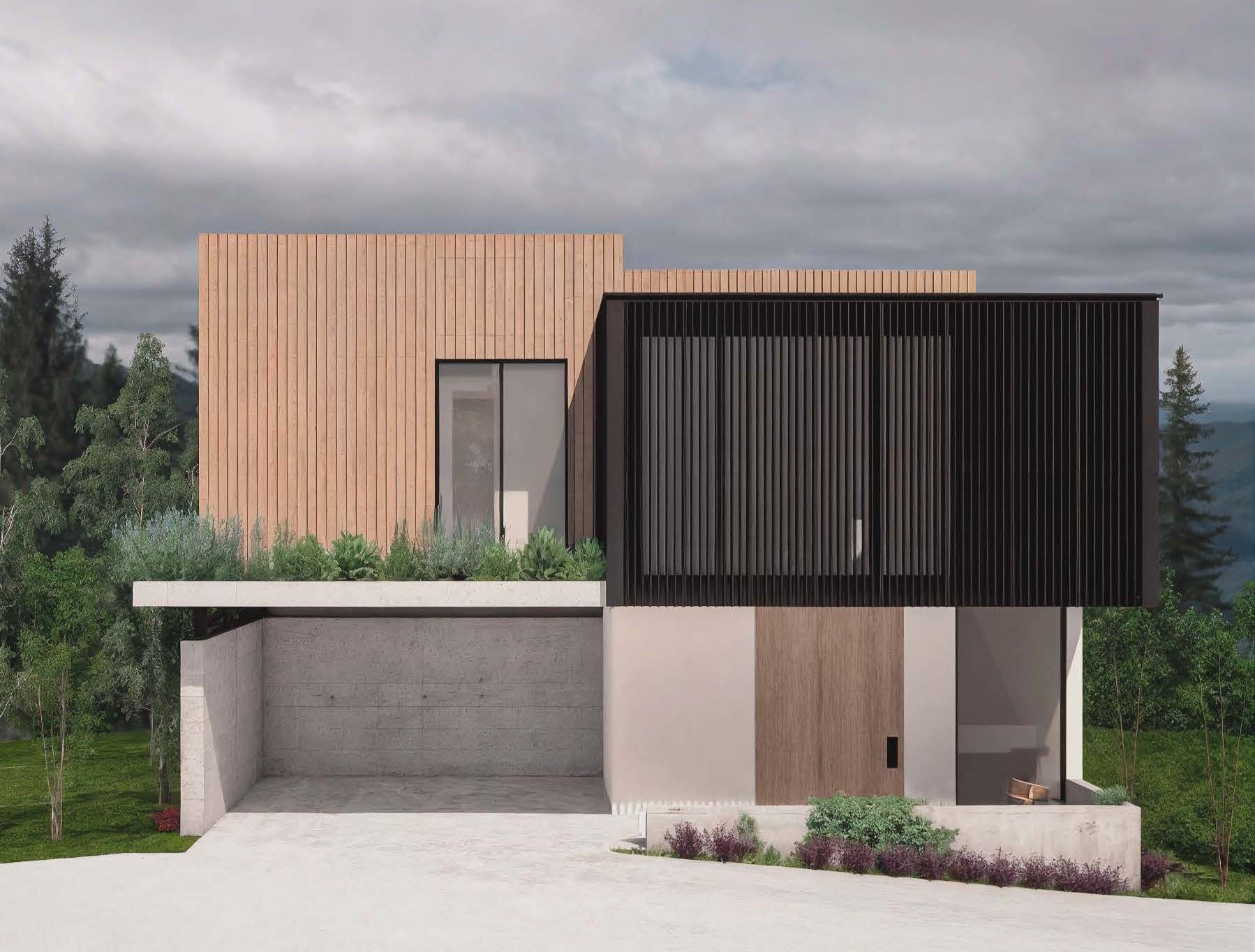 Neurodiverse Family Residence concept design by InCollab Designs - modern two-story home with wood cladding and metal screening