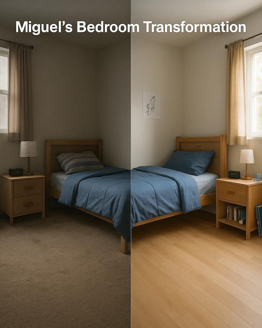 Miguel's bedroom transformation showing before and after comparison with old carpet versus clean hardwood flooring