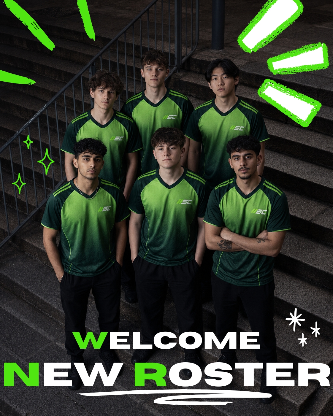 Team Ascent new roster — six players in green jerseys on stairs