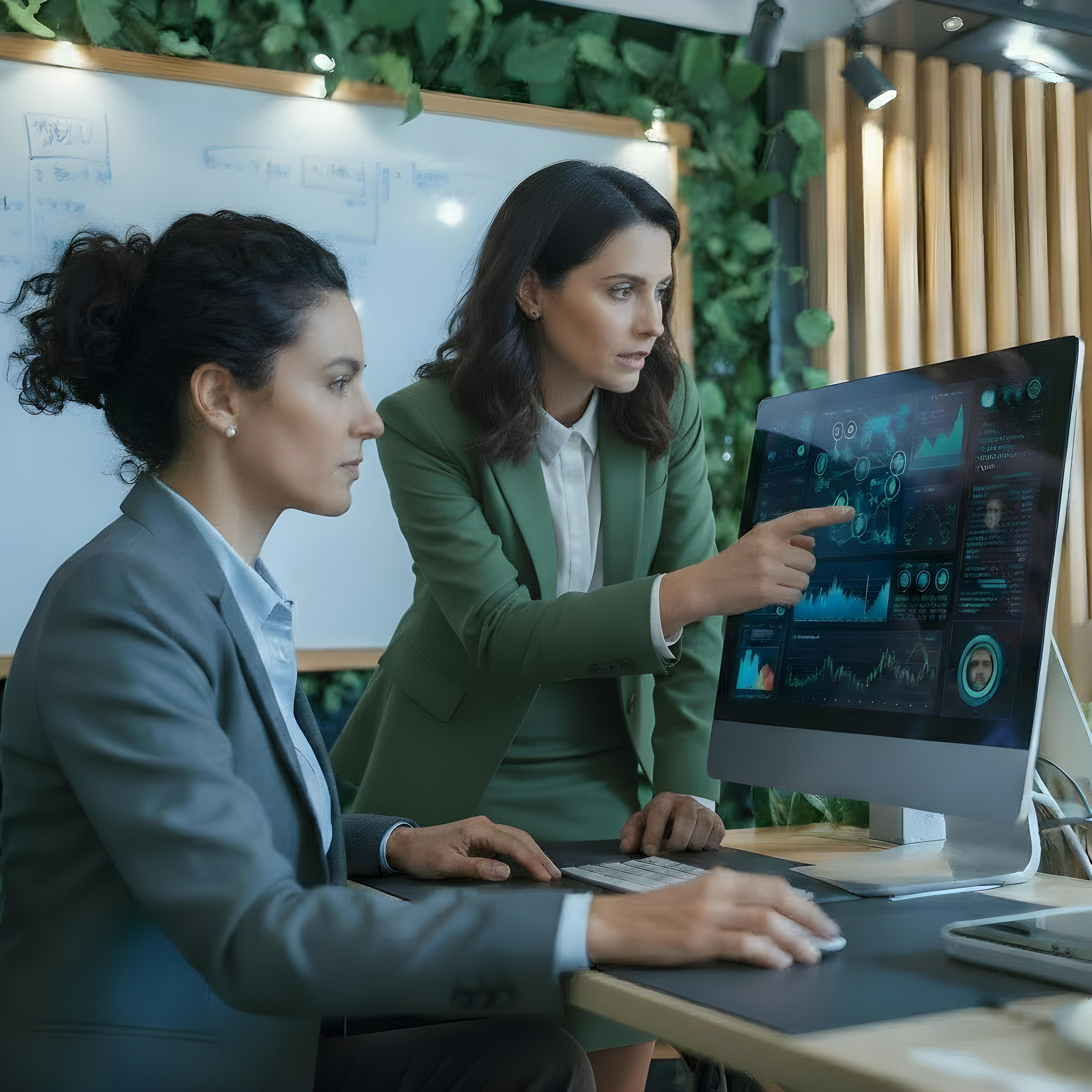 Profissionais colaborando com dashboards de analytics
