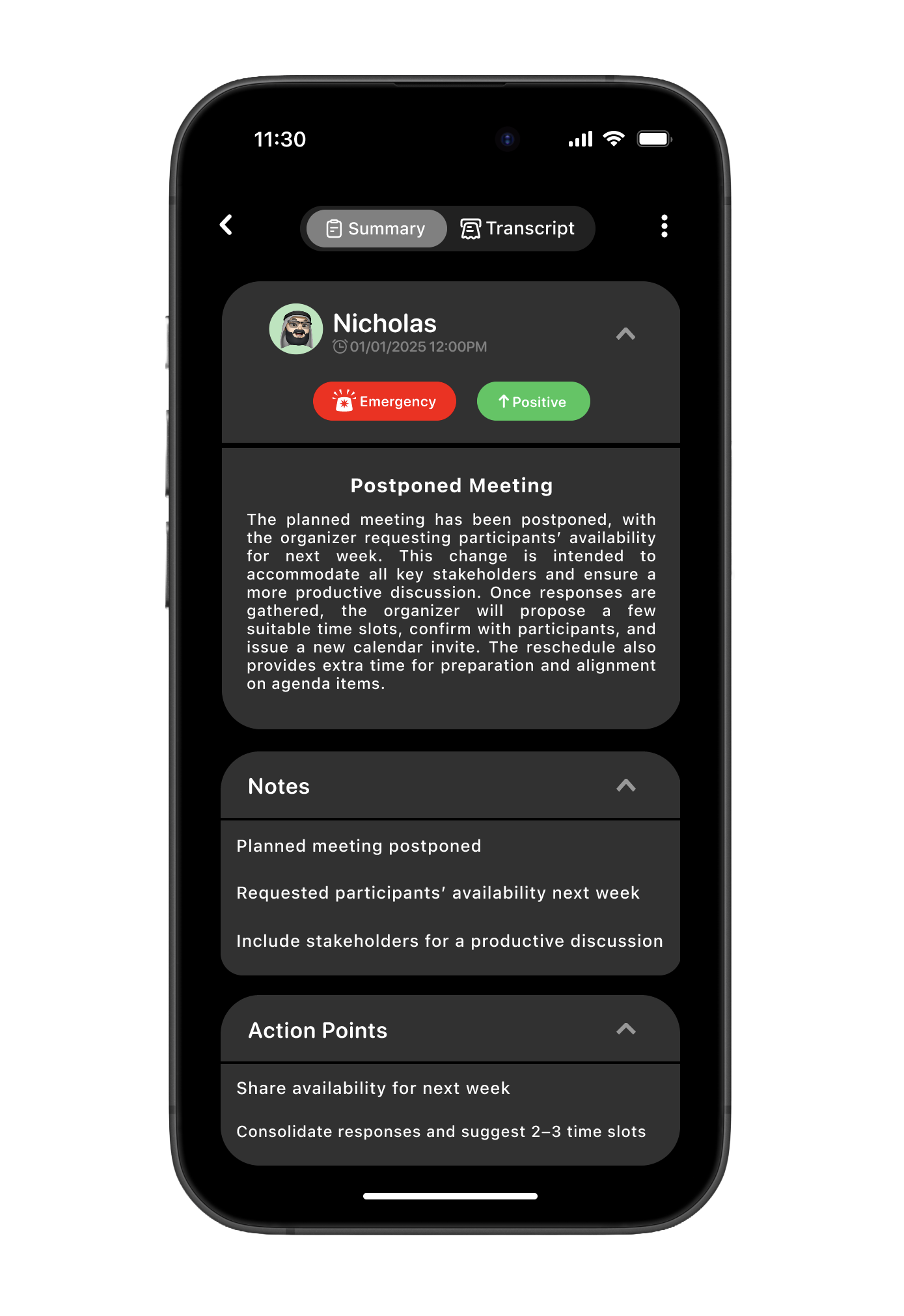 Full summary details view showing the AI-generated summary, notes, and action points for a call from Nicholas