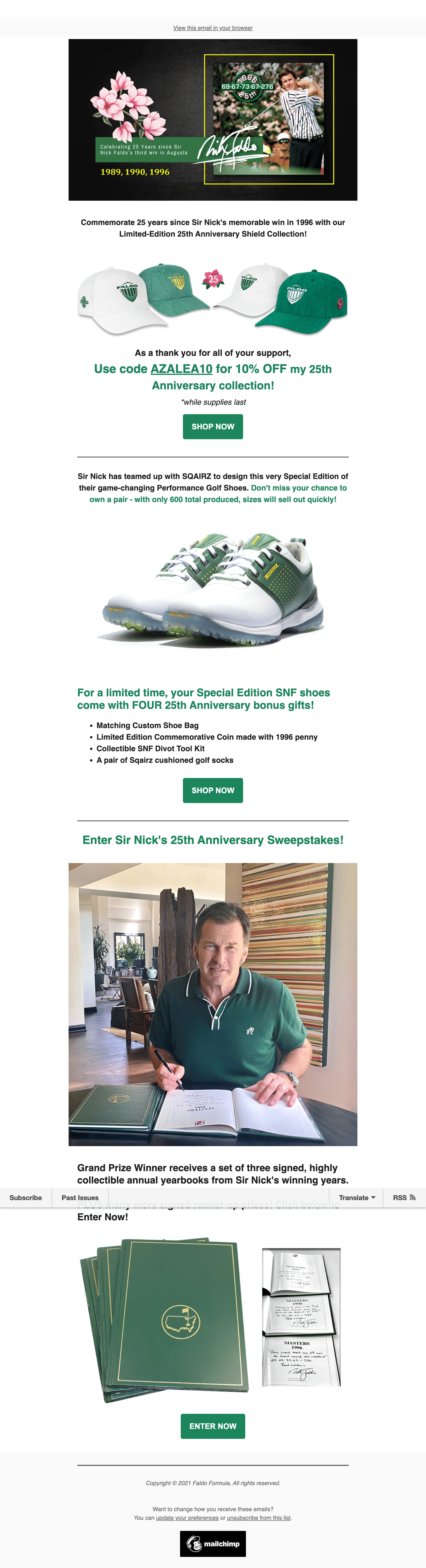 Nick Faldo email marketing Masters 25th anniversary