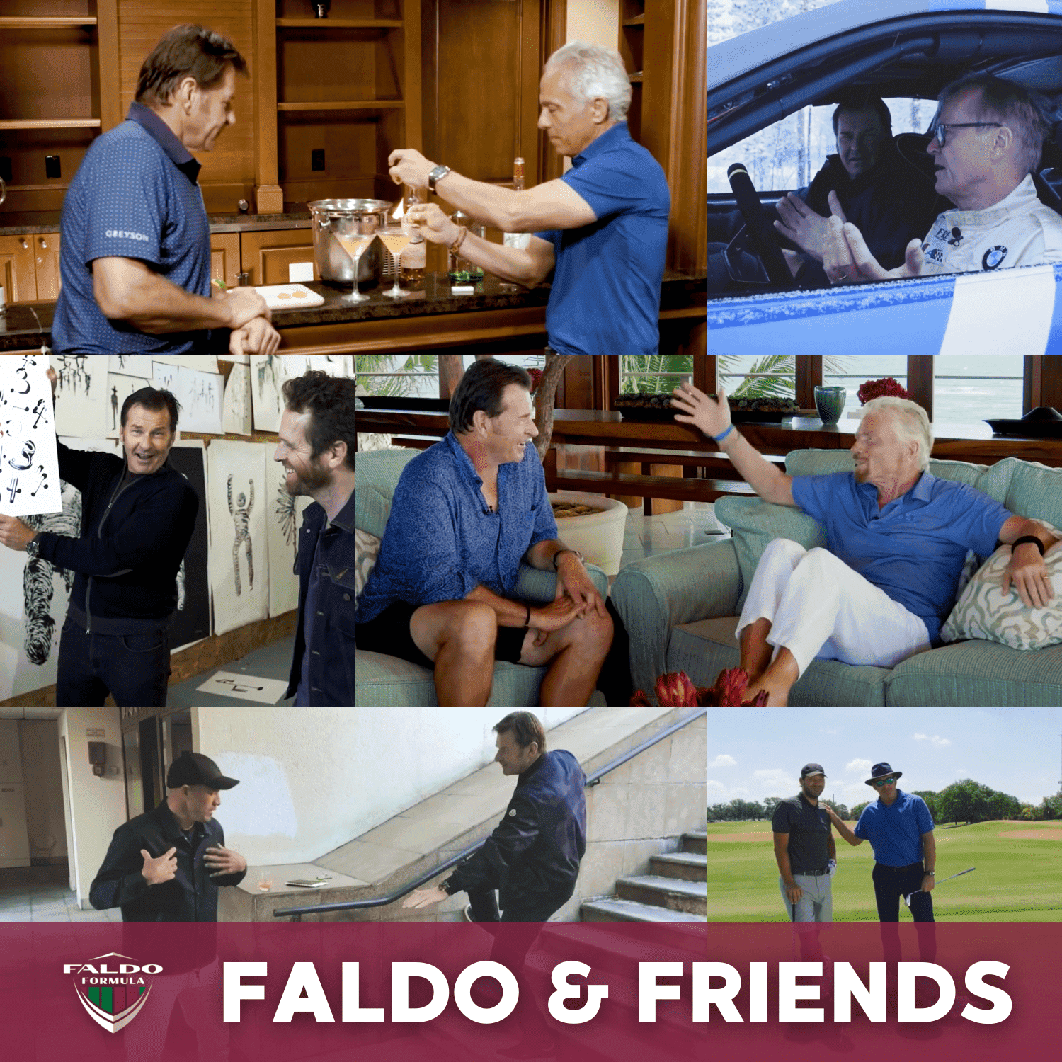 Faldo and Friends TV show collage with celebrity guests