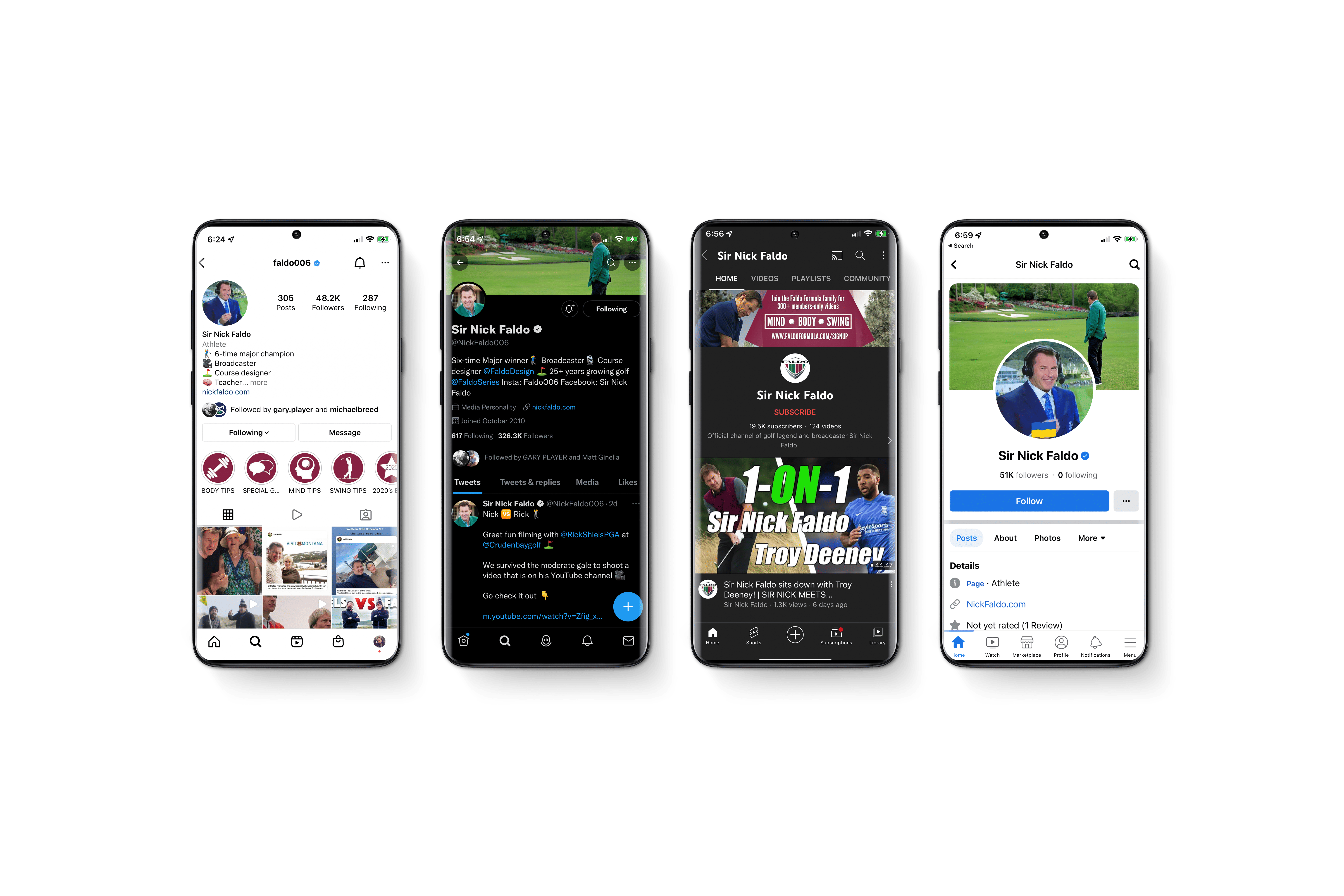 Nick Faldo social media platform presence across Instagram, Twitter, YouTube, Facebook