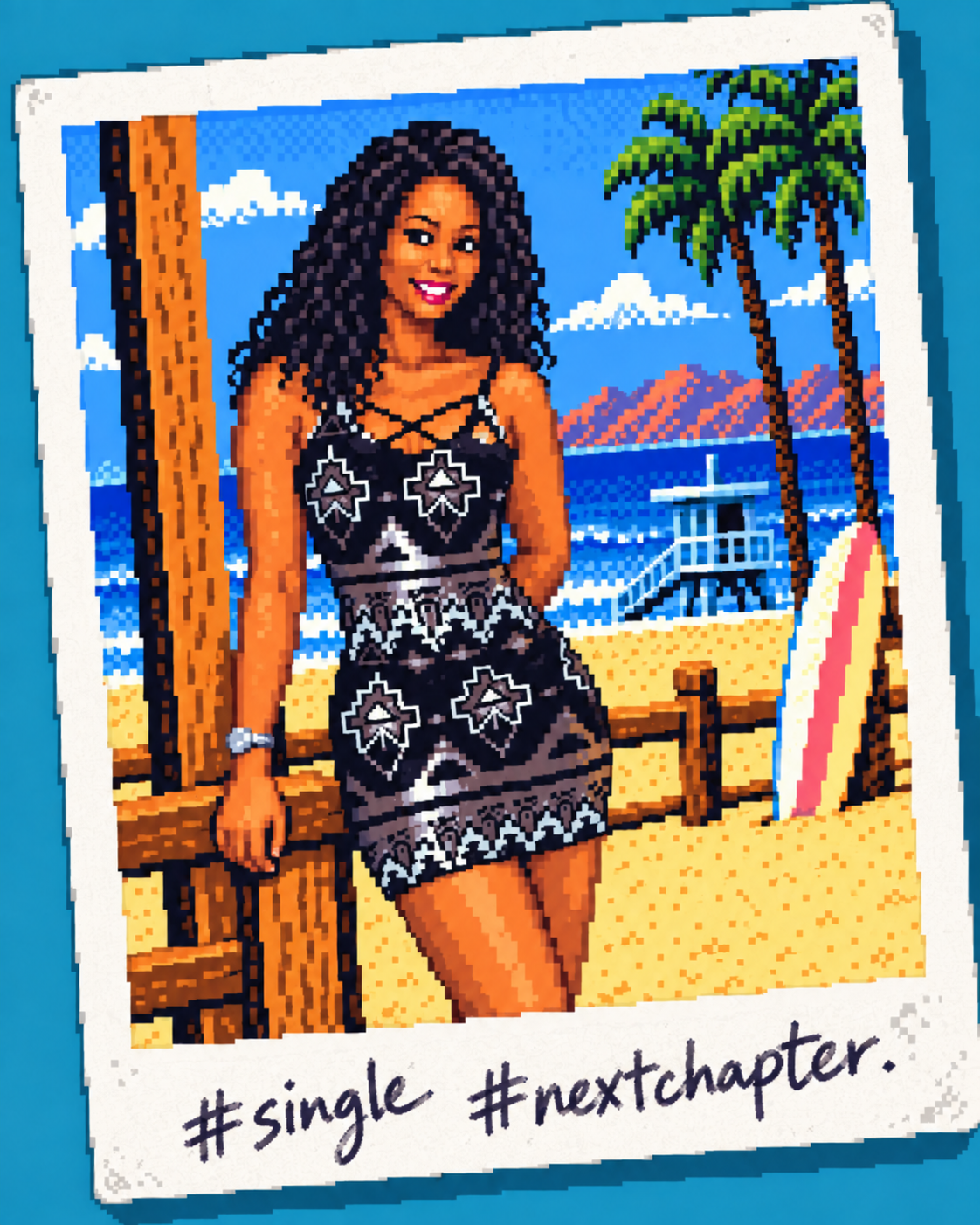 Pixel-art polaroid of attorney Nikei Williams on a South Florida beach, captioned #single #nextchapter