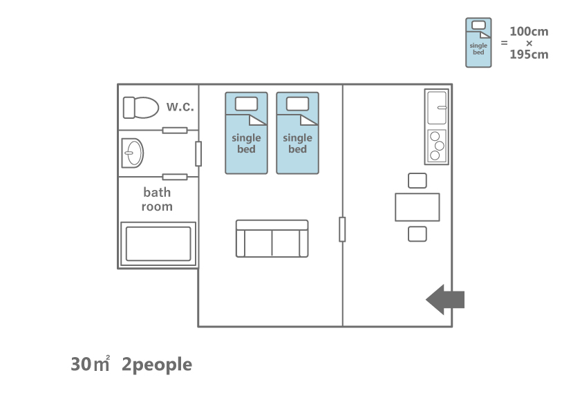 Nodoka-An floor plan showing 29.46 sqm single-floor layout with 2 single beds, living area, W.C. and bathroom for 2 guests