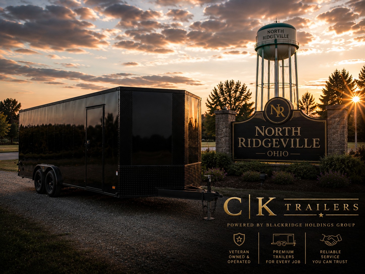 Black CK Trailers enclosed trailer parked near the North Ridgeville Ohio sign and water tower at sunset