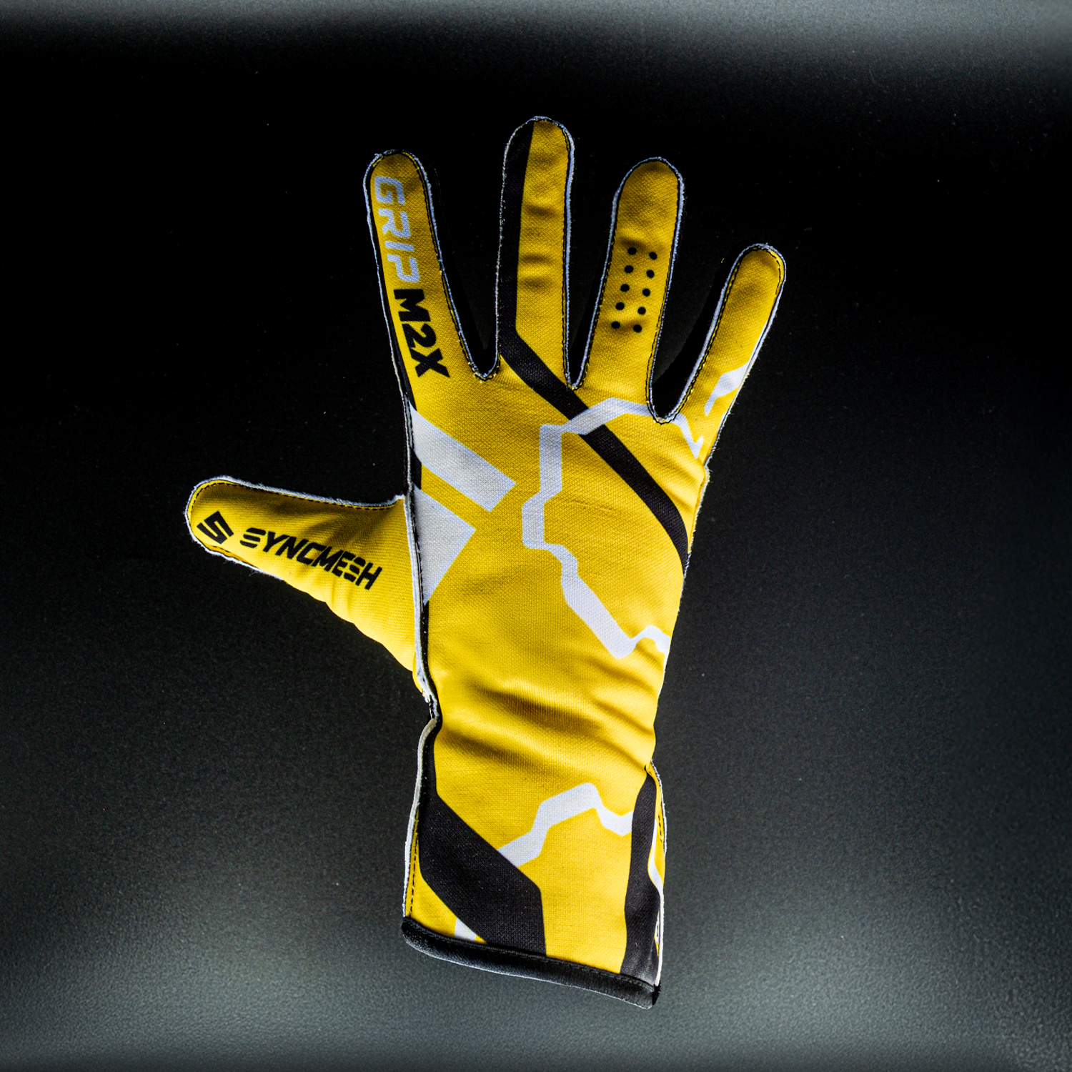 Nurburgring Esports custom racing gloves with yellow and black design