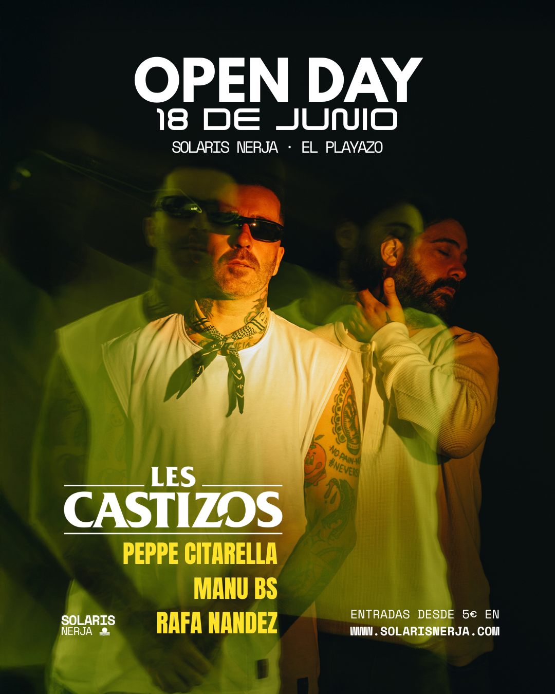 Cartel Open Day Solaris Nerja 2026 Les Castizos Peppe Citarella Manu BS Rafa Nandez