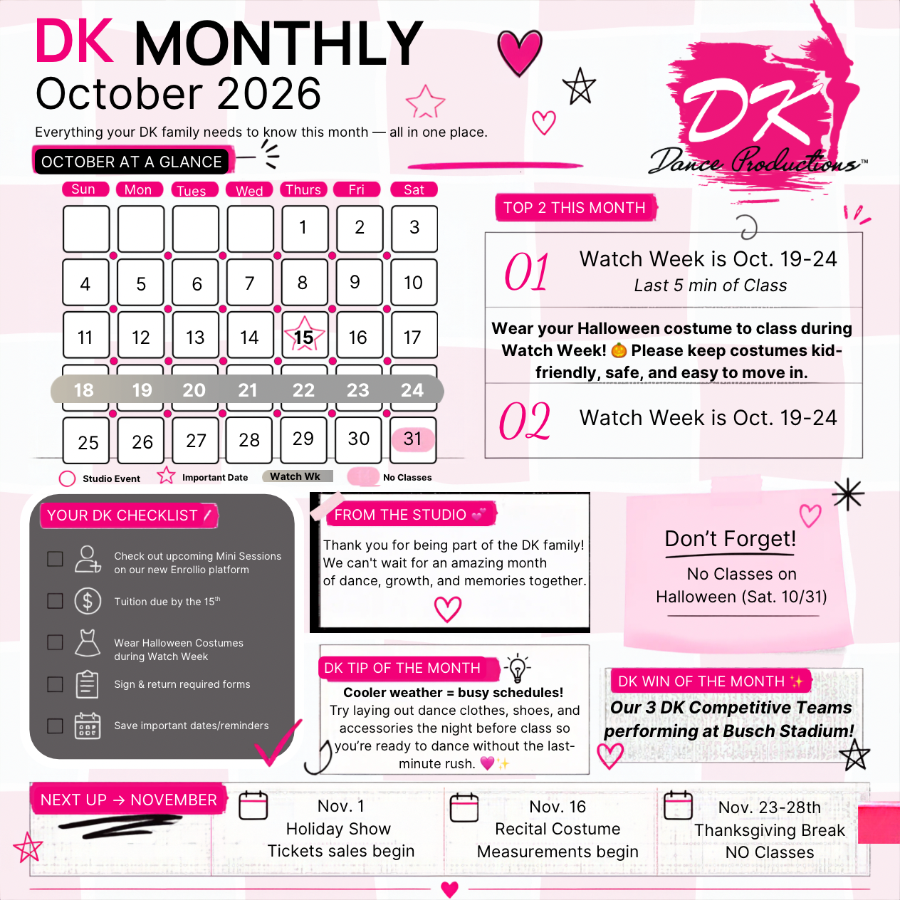 October 2026 DK monthly studio dashboard with calendar dates, Watch Week details, studio reminders, and November announcements