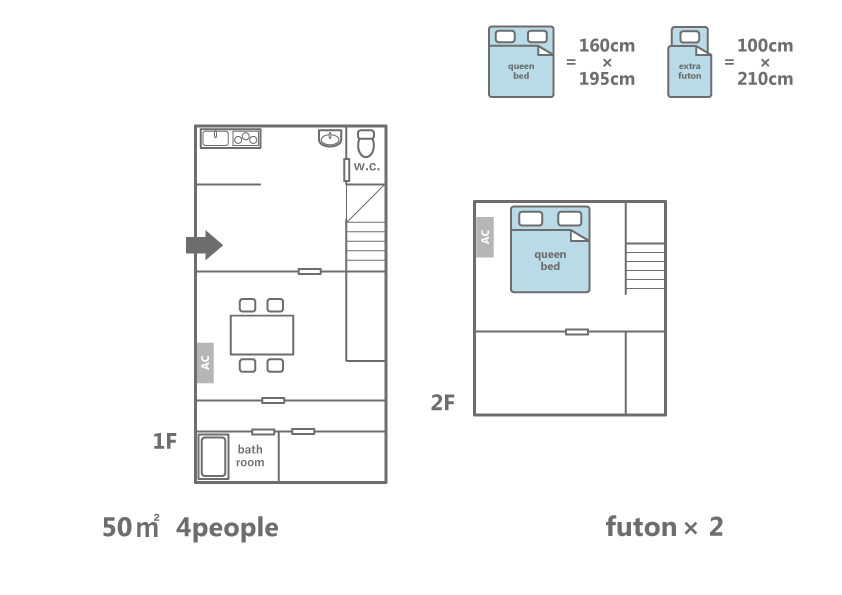 Ojizoya floor plan showing 46.6 sqm two-floor layout with living/kitchen and bathroom on 1F, and double bed plus 2 futons on 2F for 4 guests
