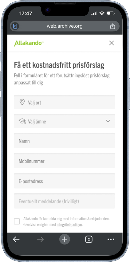 Original form asking for user information