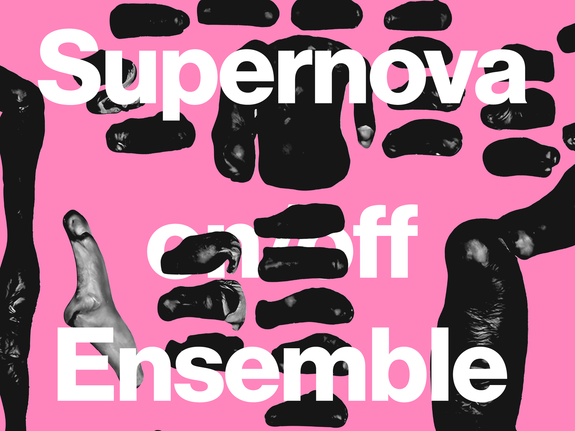 Graphic poster for Supernova on/off Ensemble with pink background and black abstract forms