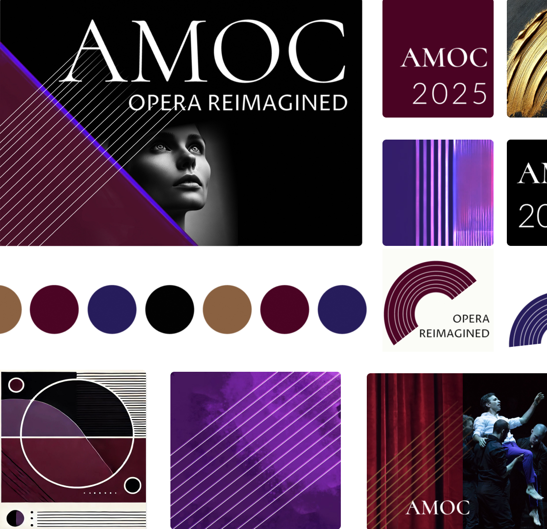 Opera Reimagined - AMOC branding with geometric patterns and a woman's face