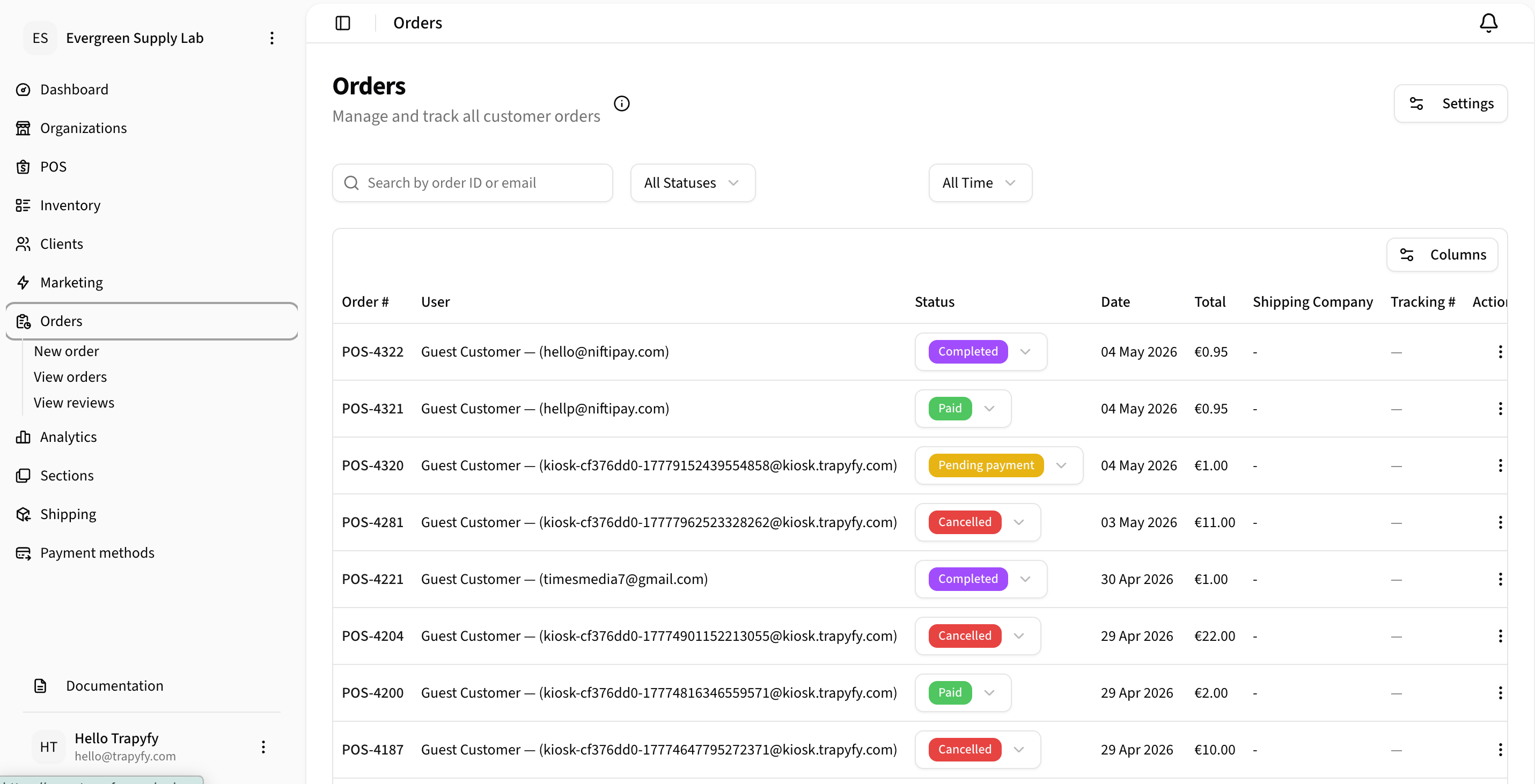 Orders list showing Order #, User, Status badges (Completed, Paid, Pending payment, Cancelled), Date, Total, Shipping Company, Tracking #, and Actions columns with search, status filter, and time range filter controls