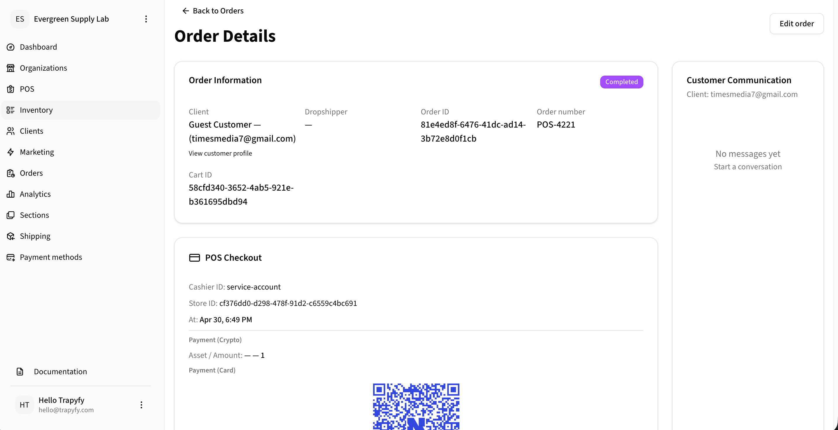 Order detail page showing Order Information card with Client, Dropshipper, Order ID, Order number POS-4221, Cart ID, Completed status badge, Customer Communication panel, and POS Checkout section with Cashier ID, Store ID, timestamp, and payment details