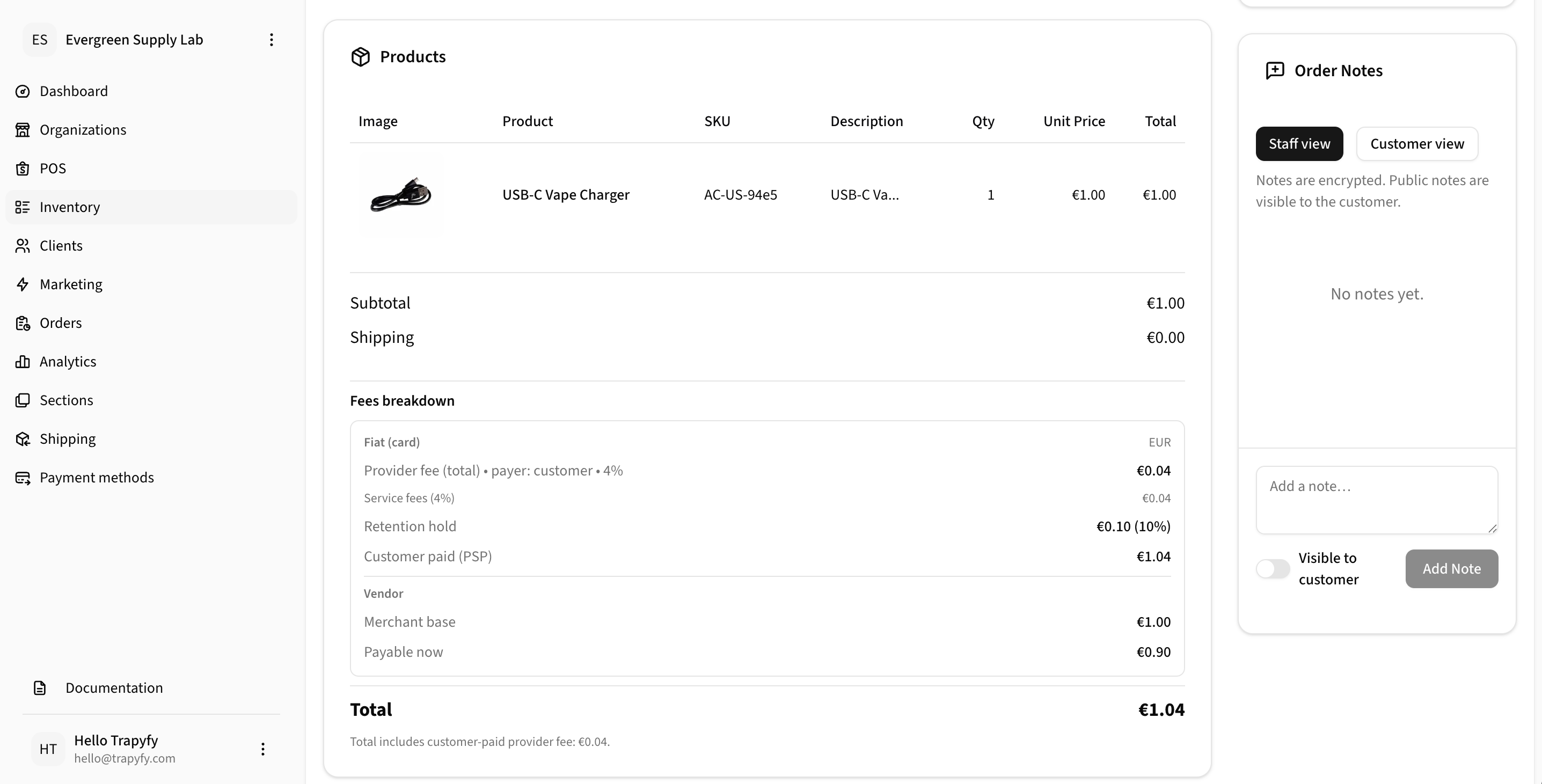 Order detail showing Products table with image, product name, SKU, description, quantity, unit price and total columns, followed by Subtotal and Shipping lines, Fees breakdown with provider fee, service fees, retention hold, customer paid PSP amounts, Vendor section with Merchant base and Payable now, Total, and Order Notes panel with Staff and Customer view tabs