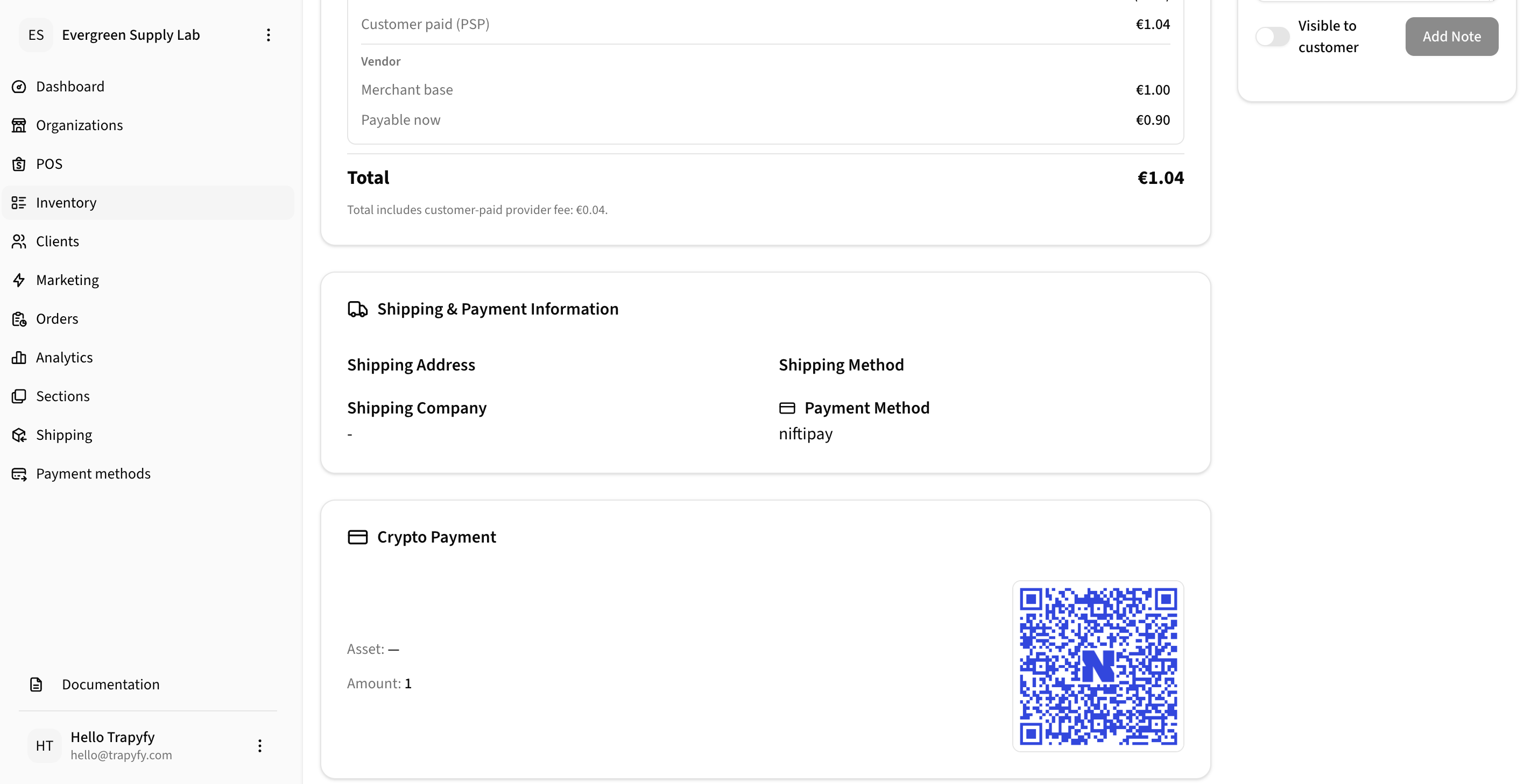 Shipping and Payment Information card showing Shipping Address, Shipping Method, Shipping Company, and Payment Method fields with niftipay shown as the payment method, followed by a Crypto Payment block with QR code, Asset and Amount fields