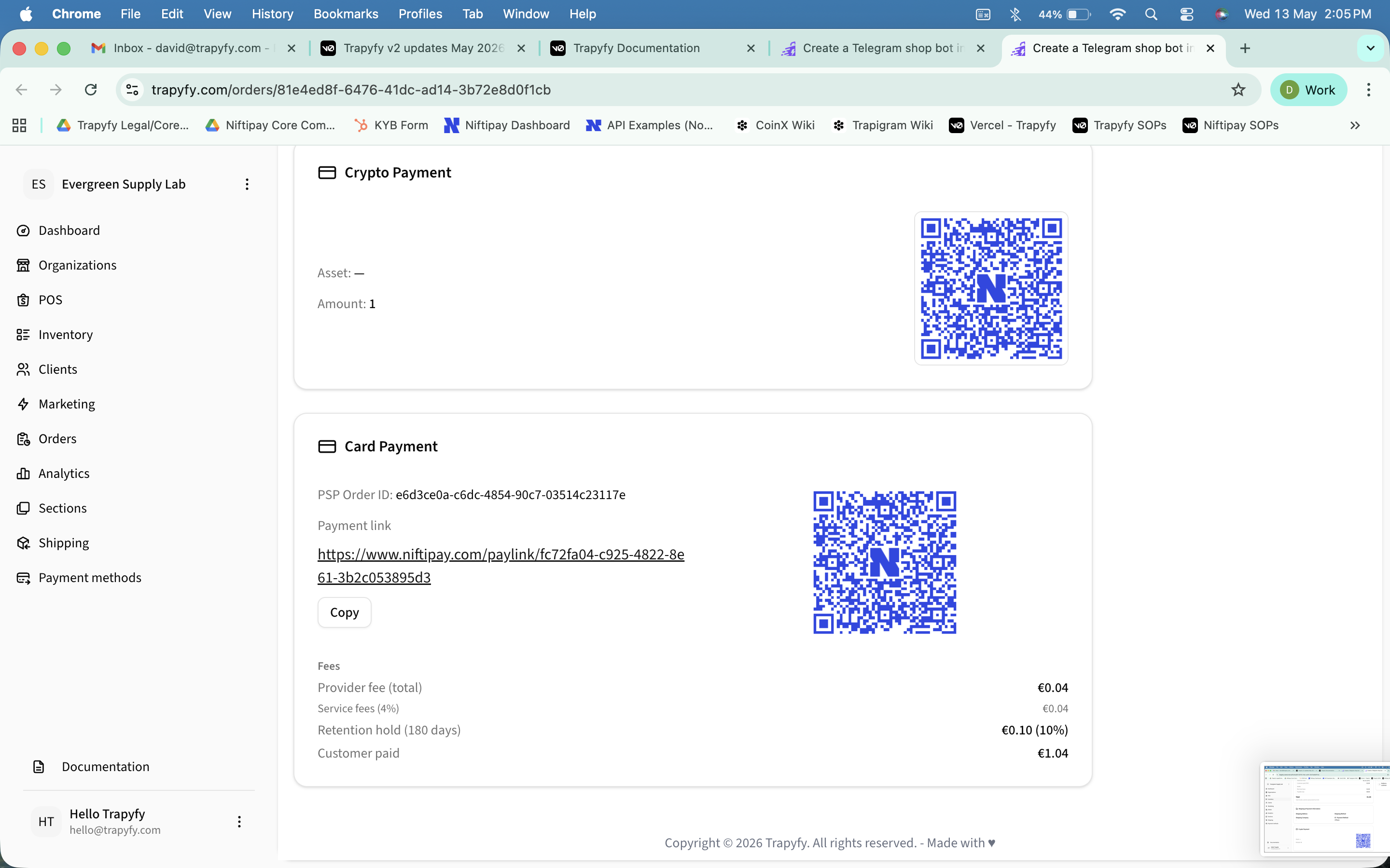 Card Payment block showing PSP Order ID, Niftipay payment link with Copy button, QR code, and fees section with Provider fee total, Service fees 4%, Retention hold 180 days, and Customer paid amounts