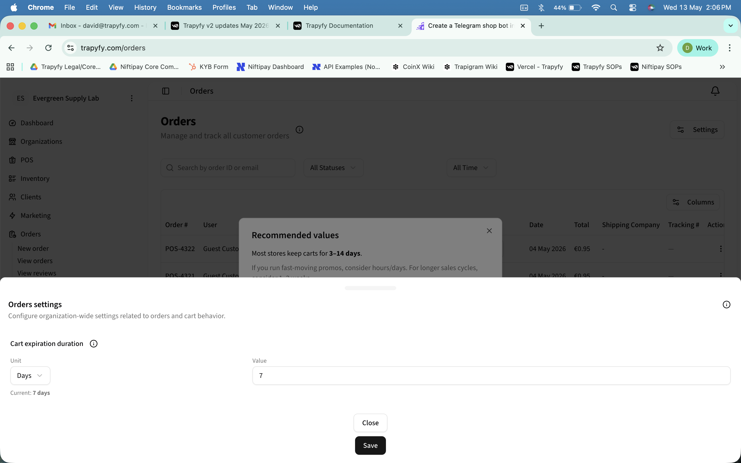 Orders settings panel showing Cart expiration duration configuration with Unit dropdown set to Days and Value field set to 7, Current shown as 7 days, with a Recommended values tooltip explaining most stores keep carts for 3 to 14 days