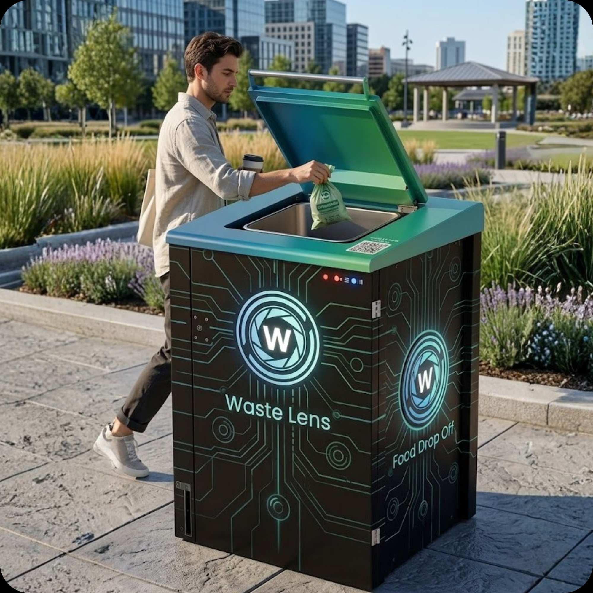 Resident dropping food scraps into a Waste Lens smart bin at a public park