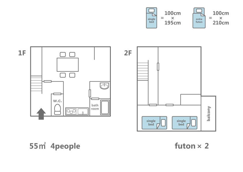 Ougi-An floor plan showing 55sqm two-floor layout with living/kitchen, W.C. and bathroom on 1F, and 2 single beds plus 2 futons with balcony on 2F for 4 guests