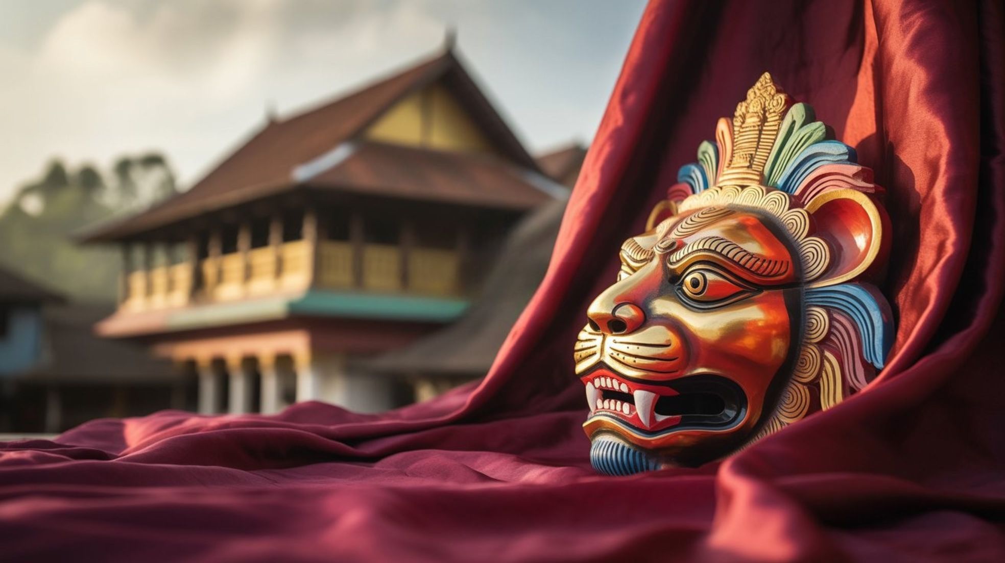 Traditional Sri Lankan Kolam mask with heritage building and flowing red fabric background