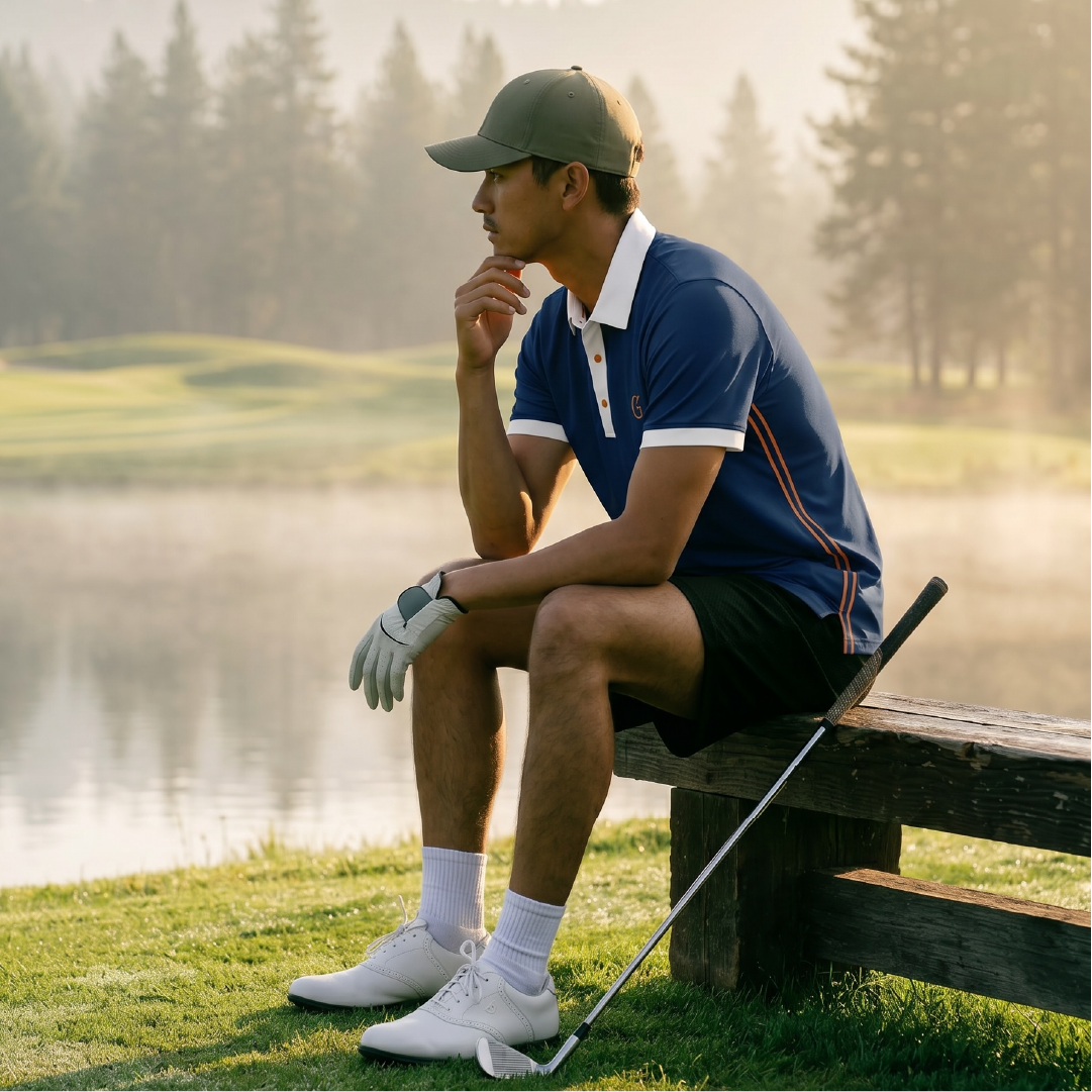 Golfer sitting on bench by misty lake