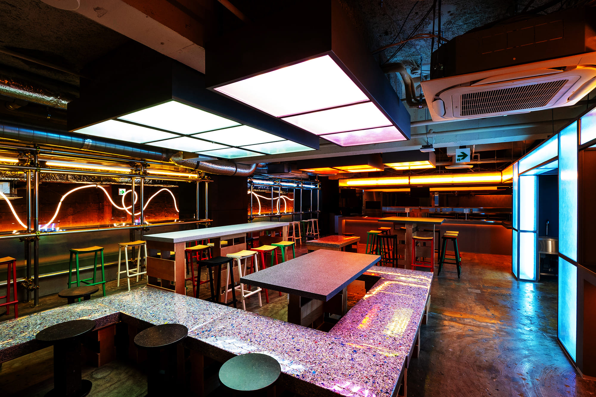 Modern industrial bar with neon lights