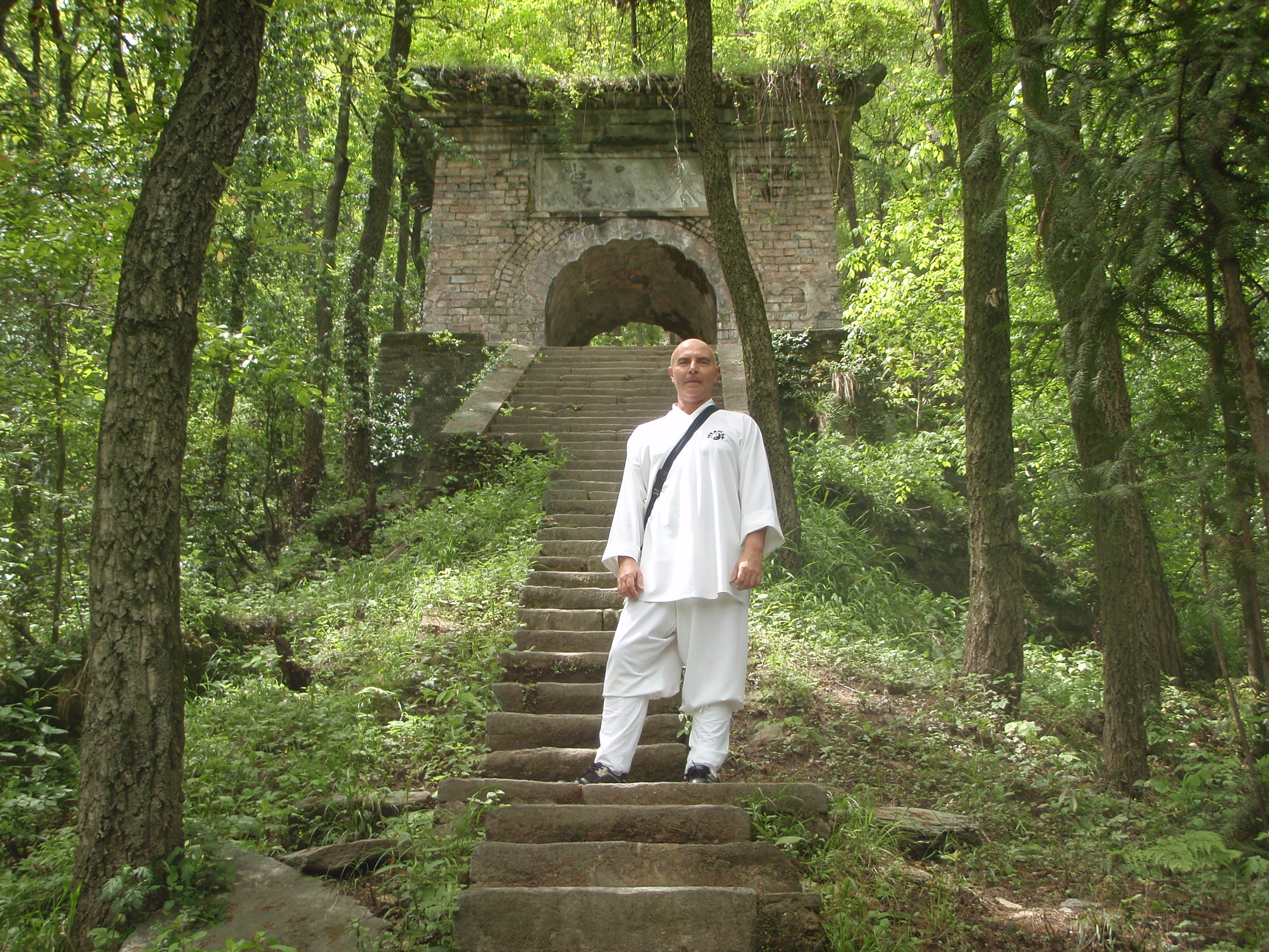 Kadama standing on moss-covered stone stairs ascending to an ancient brick arch gateway in a lush green forest