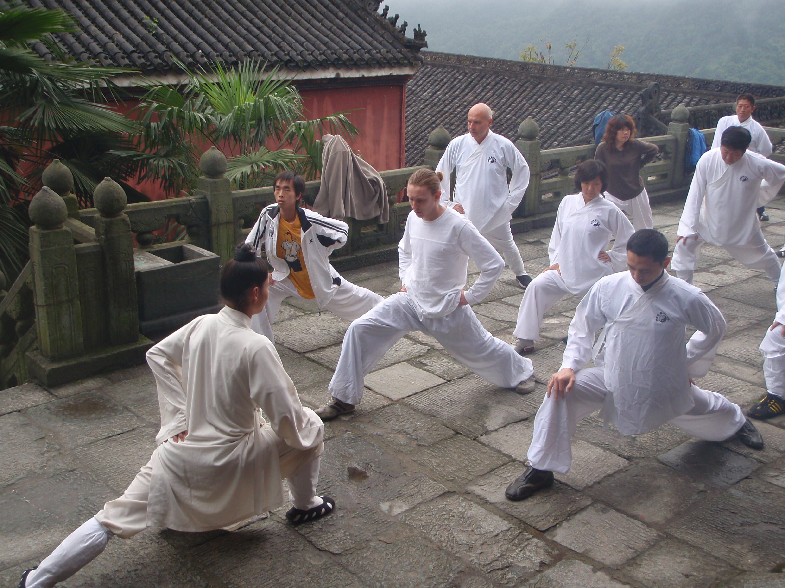 Outdoor temple terrace with students in low lunge stances, Kadama at right, misty green mountains behind
