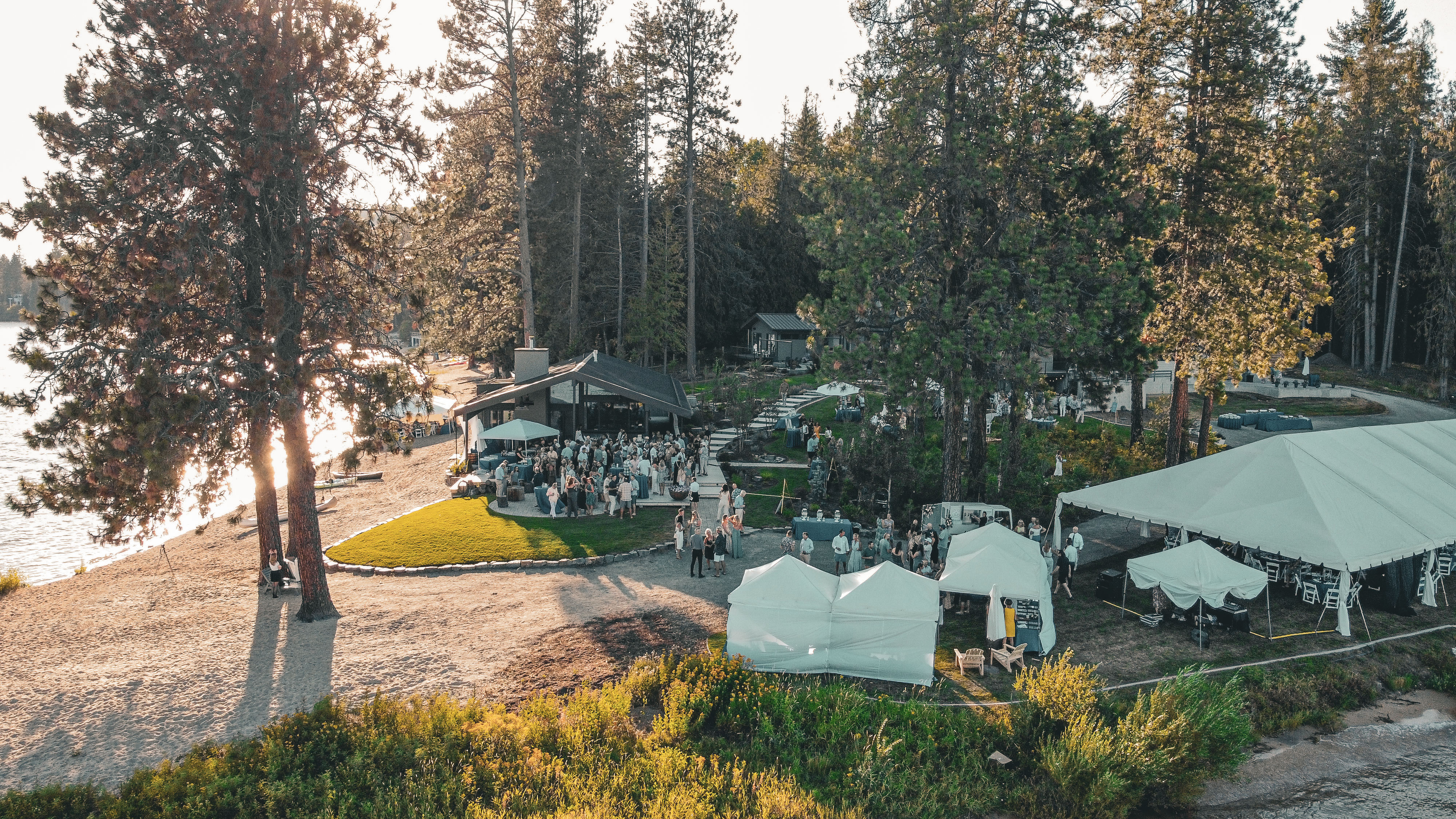 Aerial view of event with tents