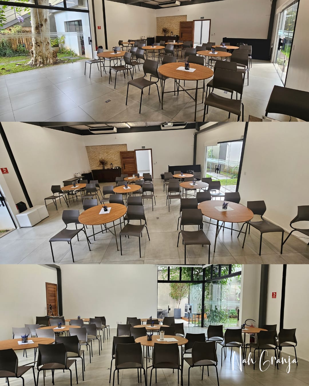 Sala Pau-Ferro - configuração meia lua com mesas redondas