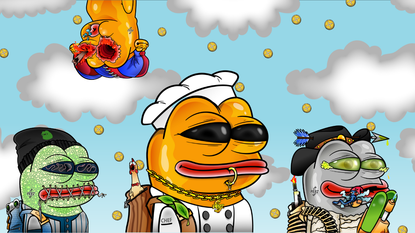 PEPEX characters including a chef Pepe, street-style Pepe, and tactical Pepe with XRP coins