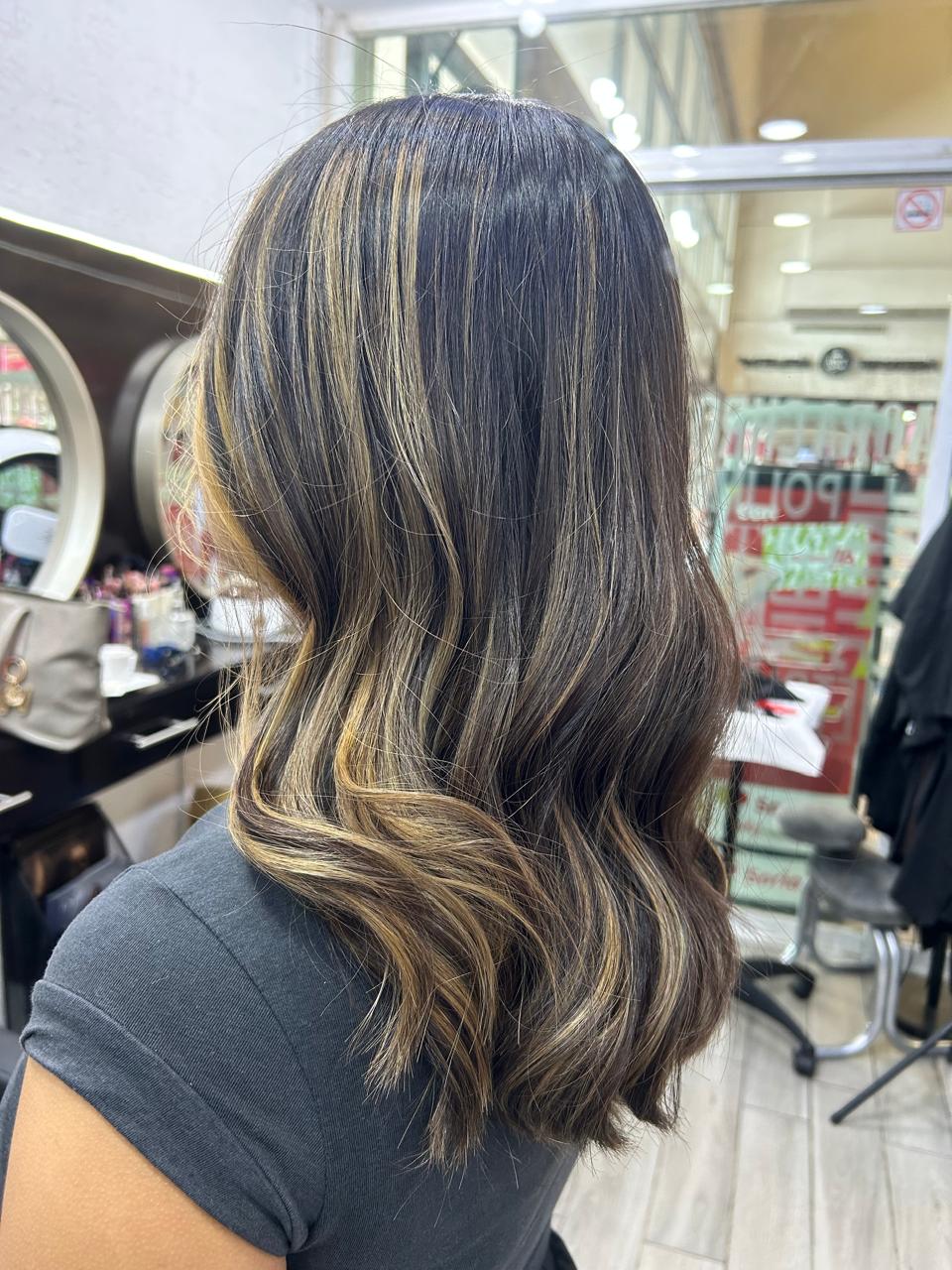 Dark hair with caramel highlights