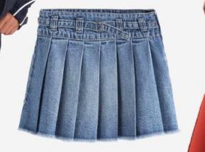 Blue denim mini skirt with a high-rise waistband and pleated shape.