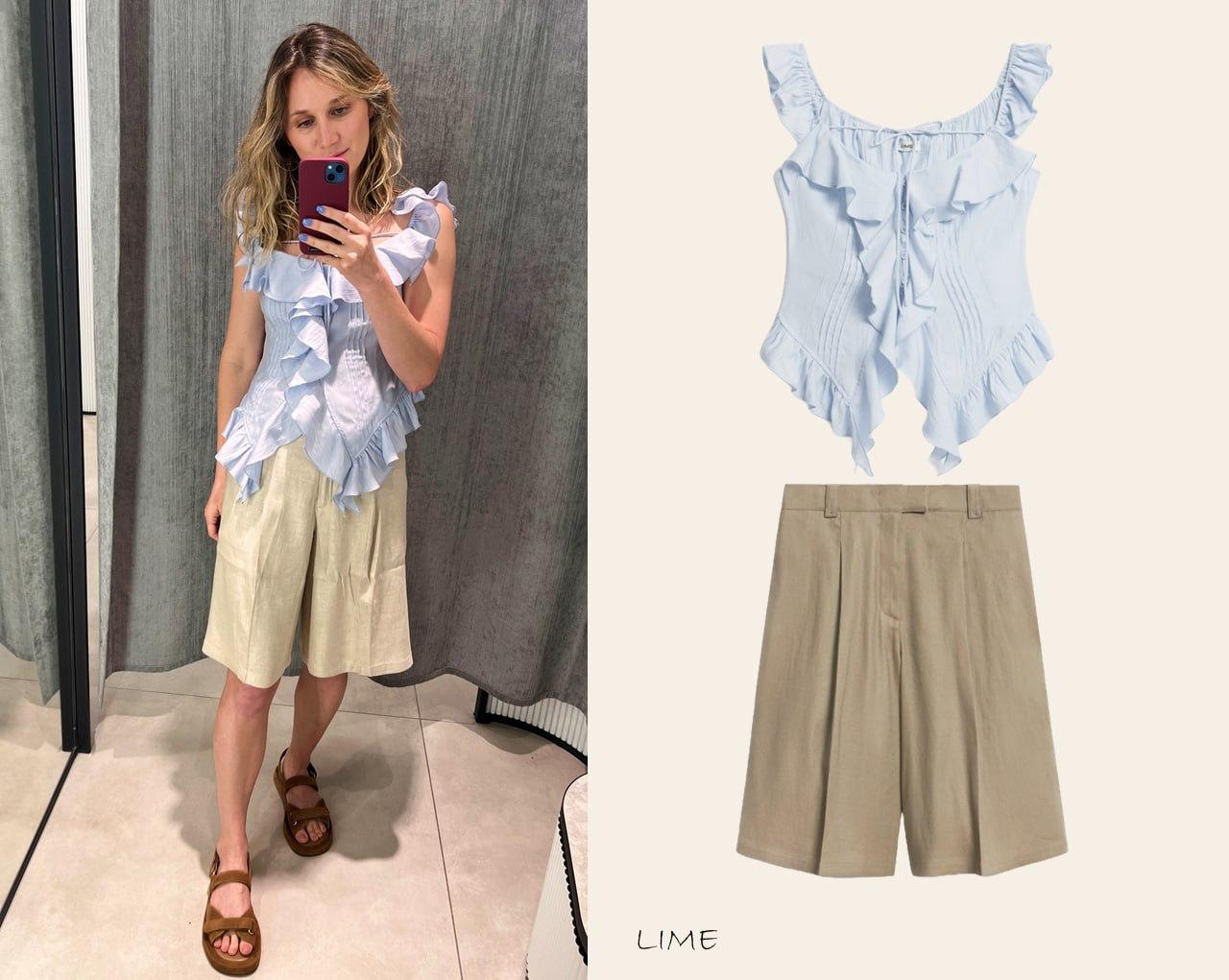 Pale-blue ruffle blouse and sand-colored shorts shown as a coordinated outfit.