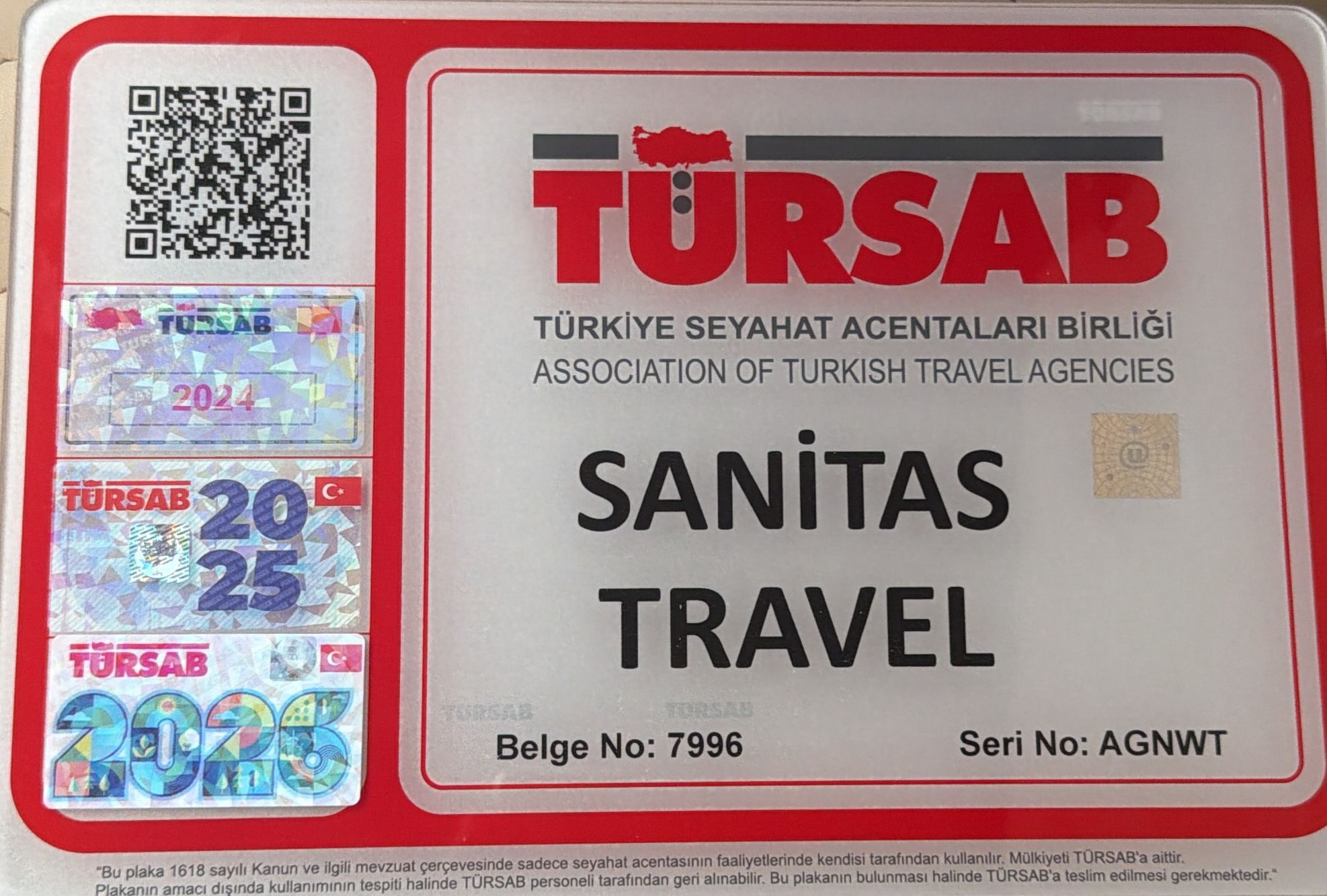 TÜRSAB Certificate - Sanitas Travel Belge No: 7996